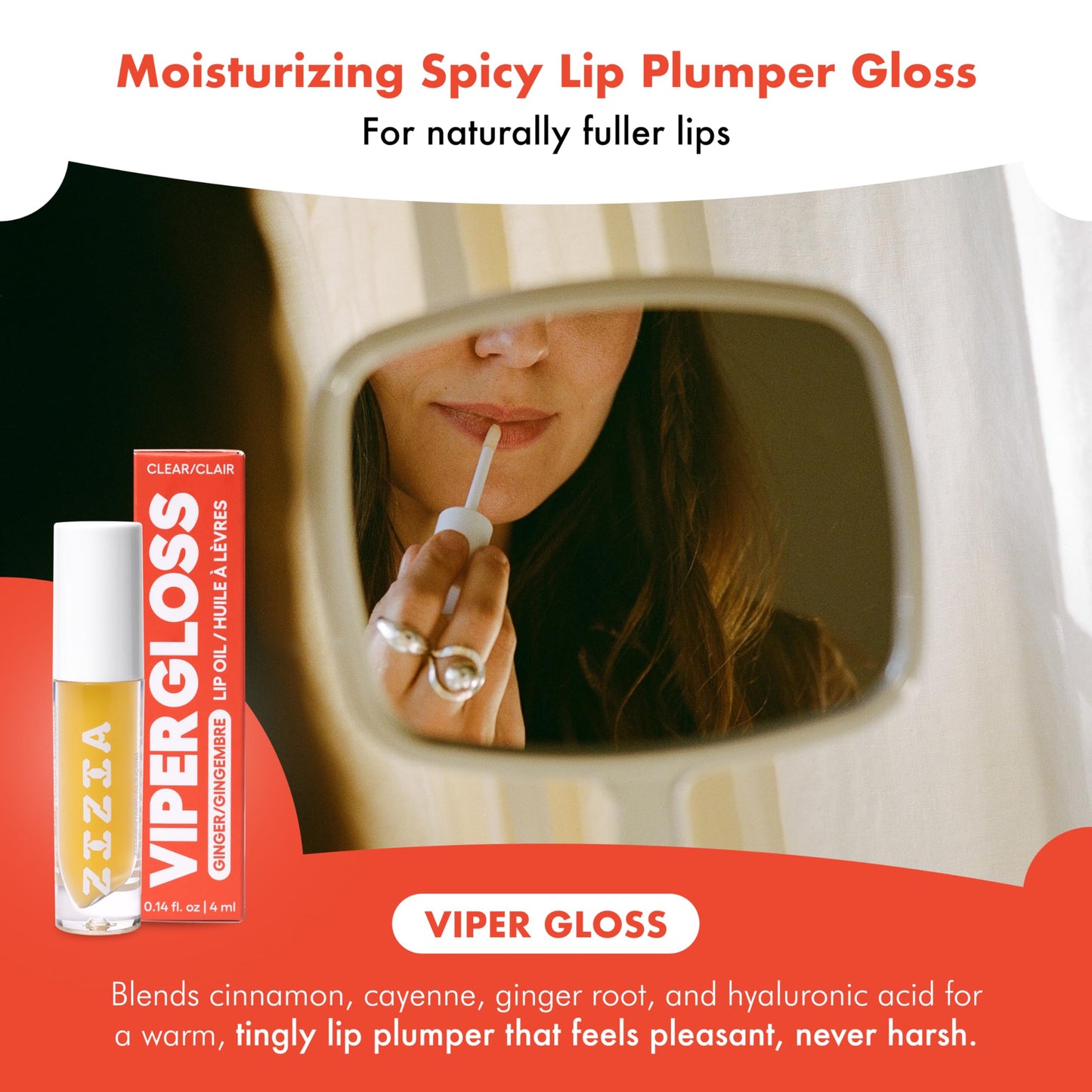 Zizia Viper Gloss - Moisturizing Lip Plumper Gloss with Hyaluronic Acid, Ginger, & Cayenne - Clean, Vegan, & Cruelty-Free Hydrating Lip Oil for a