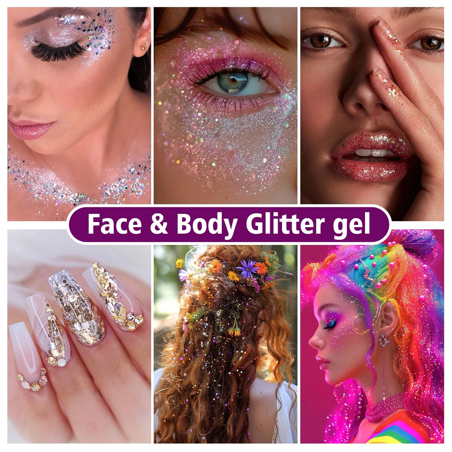 10 Colors Body Glitter,Face Glitter Makeup for Kids Women,Sparkly Chunky Hair Glitter for Eye Lip Hair Nails,Mardi Gras Glitter Makeup Face