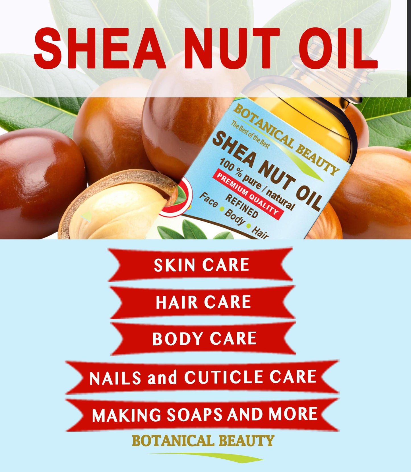 Botanical Beauty SHEA NUT OIL 100% Pure Natural Undiluted Refined Cold Pressed Carrier Oil for Face, Skin, Hair, Lip, Nails. (Karite) Nut Oil. Rich in