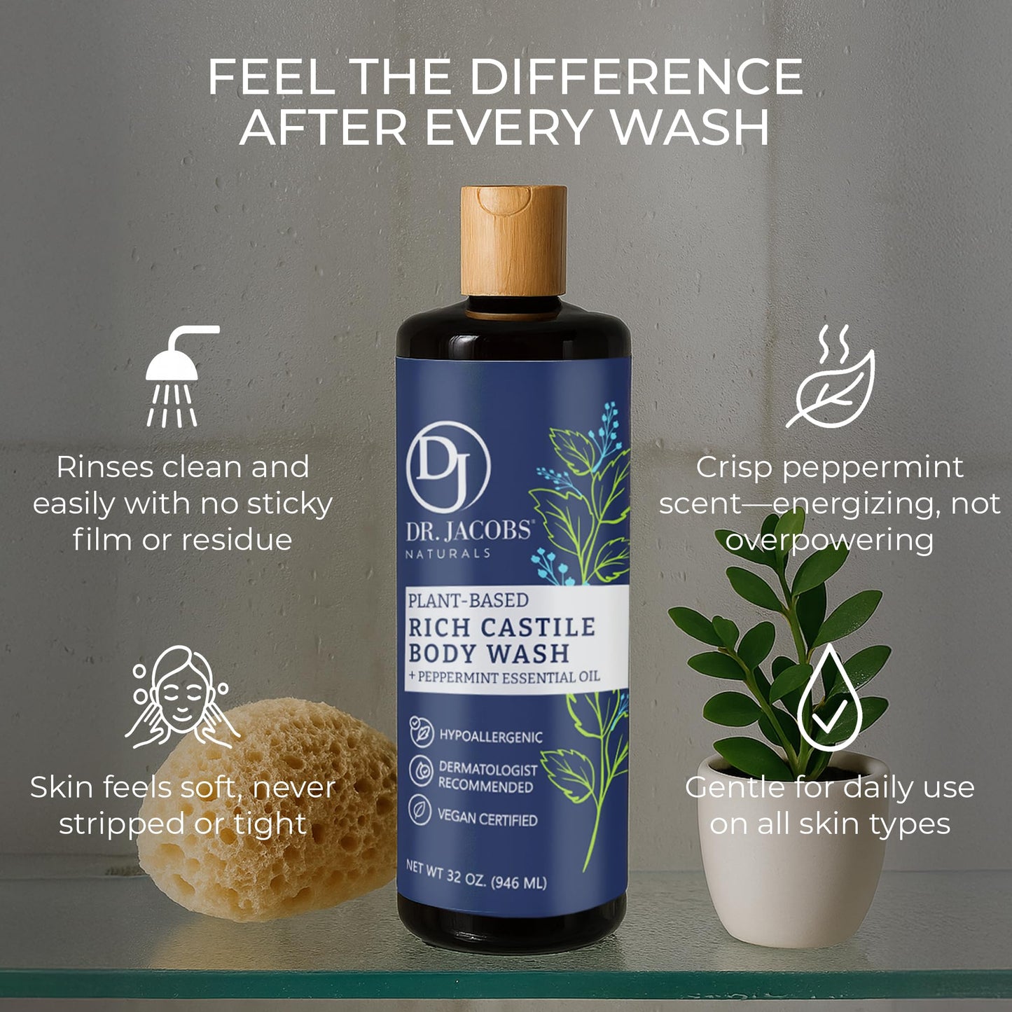 Dr. Jacobs Naturals Pure Castile Soap Liquid Body Wash, Peppermint - Plant Based Soap Infused with Vitamin E and Aloe Vera to Moisturize Dry