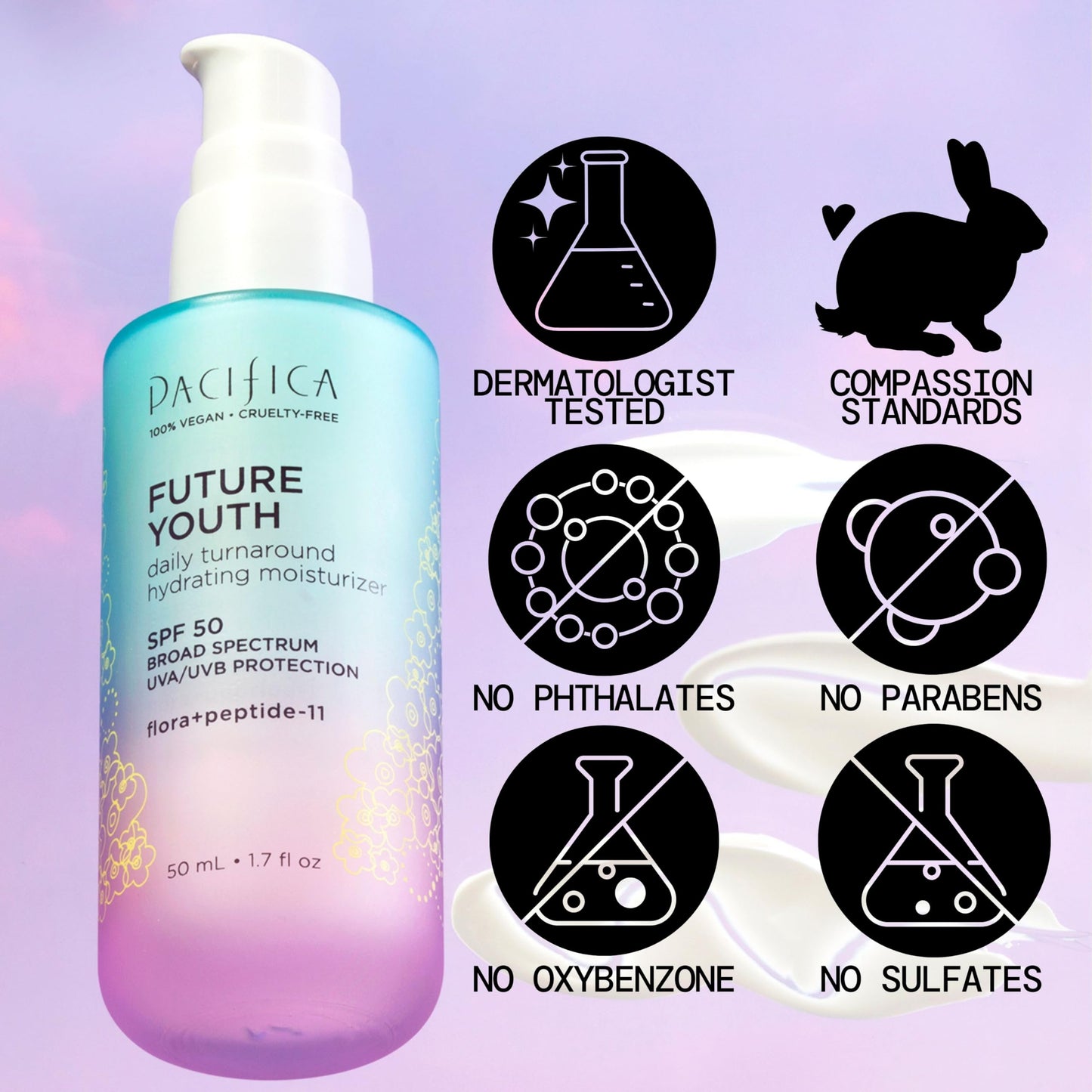 Pacifica Peptide Face Moisturizer Future Youth Daily Turnaround Hydrating, SPF 50 Broad Spectrum, UVA/UVB Sun Protection, Sunscreen, Face Moisturizer