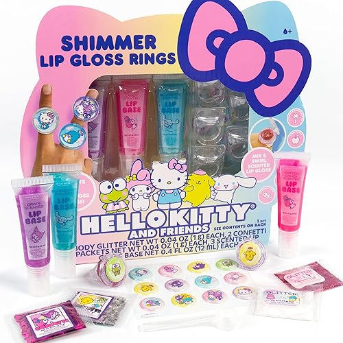 Horizon Group USA Sanrio Hello Kitty and Friends Shimmer Lip Gloss Making Kit, Makes 5 Hello Kitty Glitter Lip Gloss Rings, DIY Hello Kitty Lip Gloss