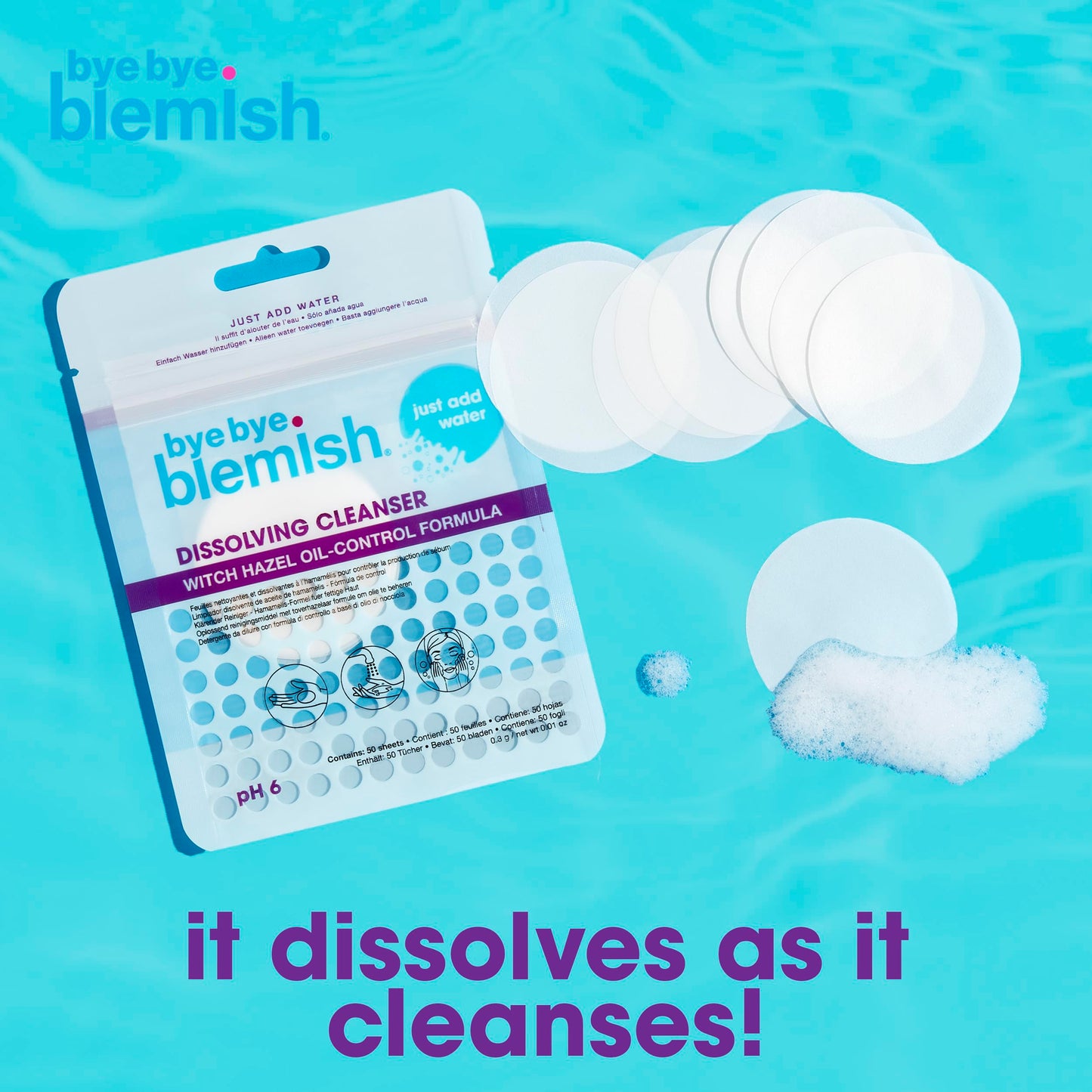 Bye Bye Blemish Dissolving Cleanser Sheets - Witch Hazel Oil-Control Face Wash, Water-Activated Facial Paper Soap for Acne-Prone Skin, Removes Dirt