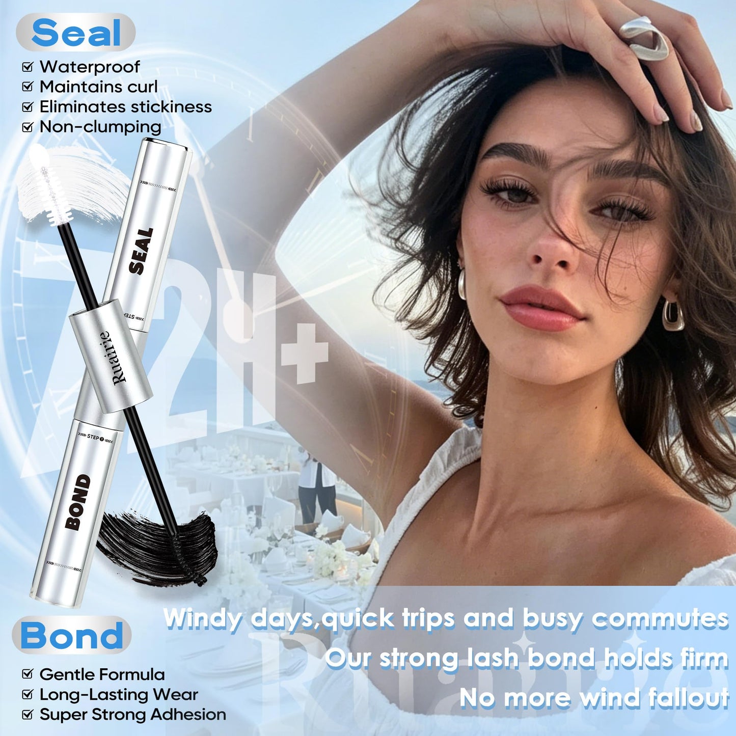 Ruairie 2 in 1 Lash Glue Waterproof 12ml Lash Bond and Seal 72Hours Black Eyelash Glue Super Strong Lash Glue for Eyelash Clusters Non Irritating Beauty and Personal Care Ruairie