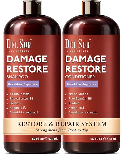 DEL SUR Hair Repair Shampoo and Conditioner Set | 16 fl oz Each | with Camellia Japonica, Amino Acids, Biotin & Argan Oil | Moisturizing Strength