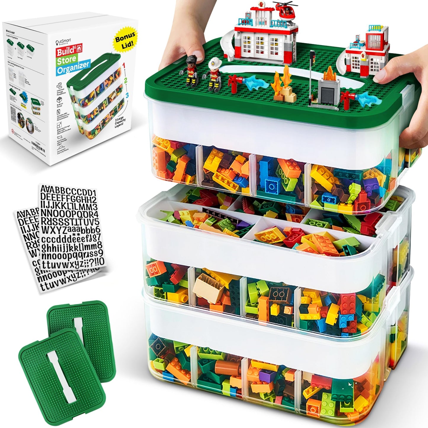 Outsmart Gadgets Stackable Toy Storage Organizer Bin for Lego, Building Bricks, Dolls, and Crafts Organization, Build on the Lid, 3 Layer Adjustable…