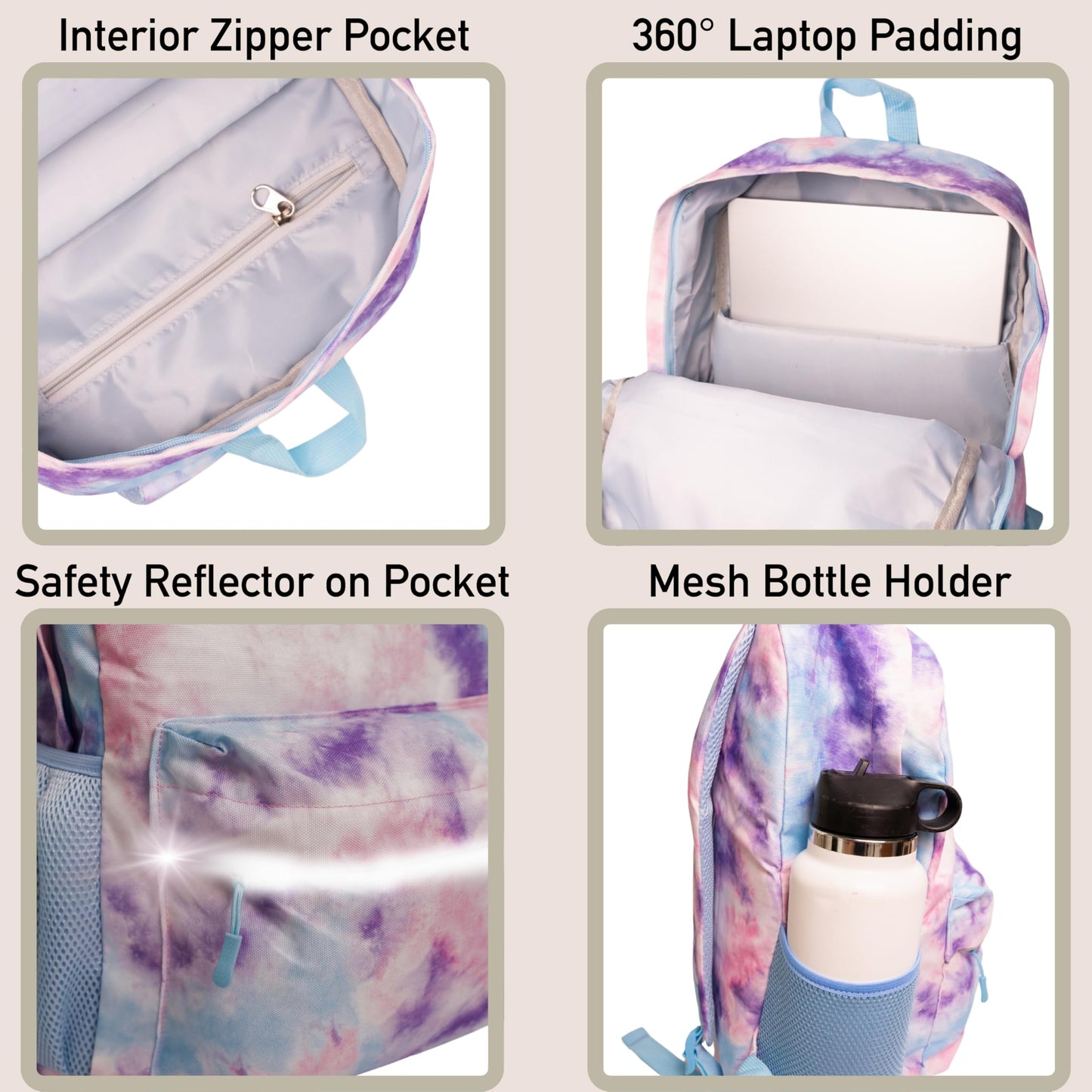 Fenrici Tie Dye Backpack with Lunch Box Set for Girls, School Bag with Laptop Compartment and Insulated Lunch Box, Tie Dye, Pink, Purple, Pastel
