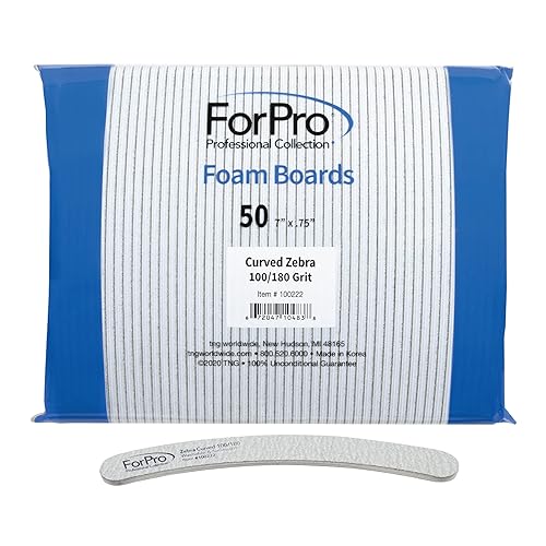 ForPro Professional Collection Zebra Curved Foam Board, 100/180 Grit, Double-Sided Manicure and Pedicure Nail Files, 7” L x .75” W, 50-Count