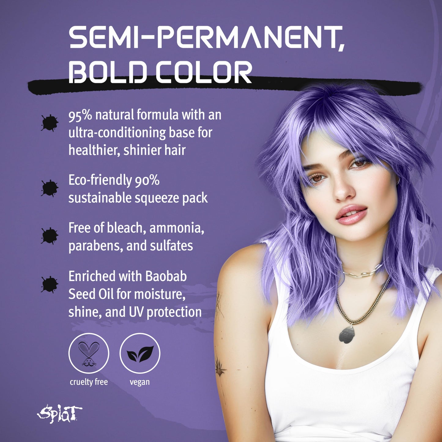 Splat Naturals Semi-Permanent Hair Color, Lavender, 6 fl. oz., 95% Natural Hair Dye Formula Lasts Up to 30 Washes, Vegan & Cruelty-Free Semi Permanent