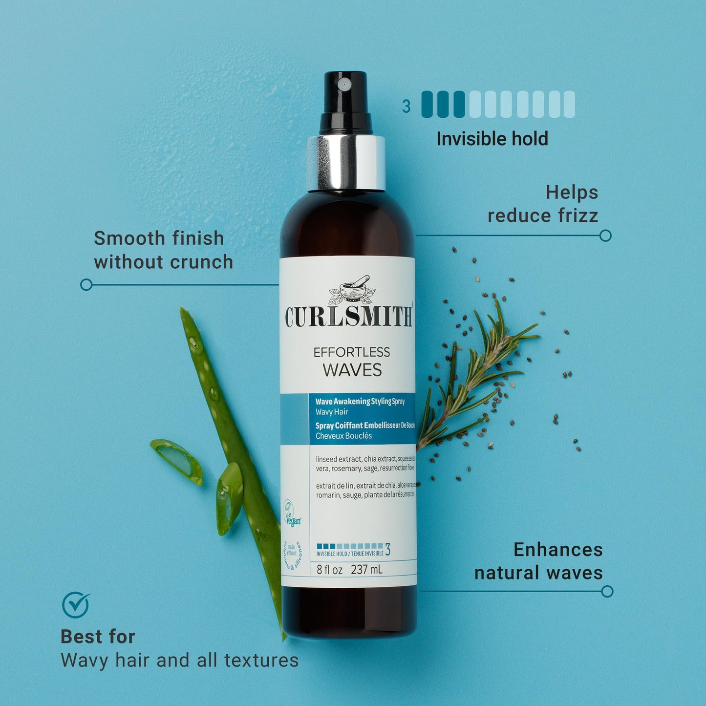 CURLSMITH - Effortless Waves Styling Spray, Lightweight and Moisturising, Reduce Frizz, Natural Look, For Wavy and Curly Hair, Vegan (59ml/2 fl oz)