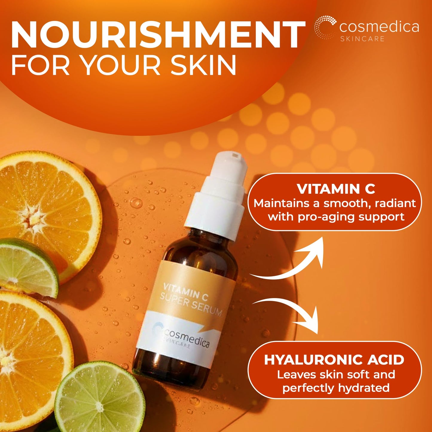 Cosmedica Vitamin C Serum for Face with Hyaluronic Acid & Vitamin E - Brightening Anti-Aging Serum for Dark Spots, Fine Lines & Wrinkles, Lightweight