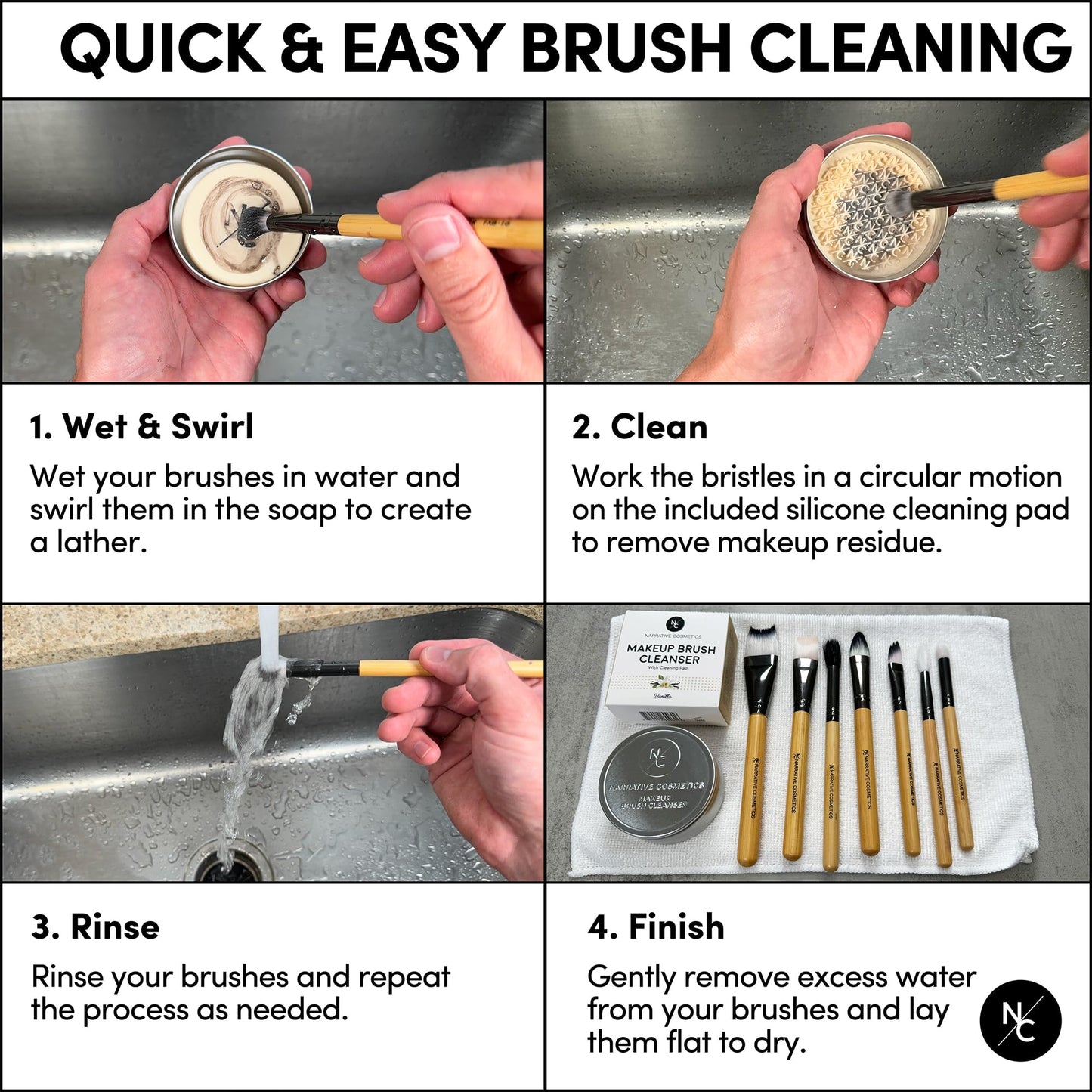 Narrative Cosmetics Solid Makeup Brush Cleanser Soap with Silicone Cleaning Pad, Cleans Natural & Synthetic Brushes, Vegan, Cruelty-Free, Natural