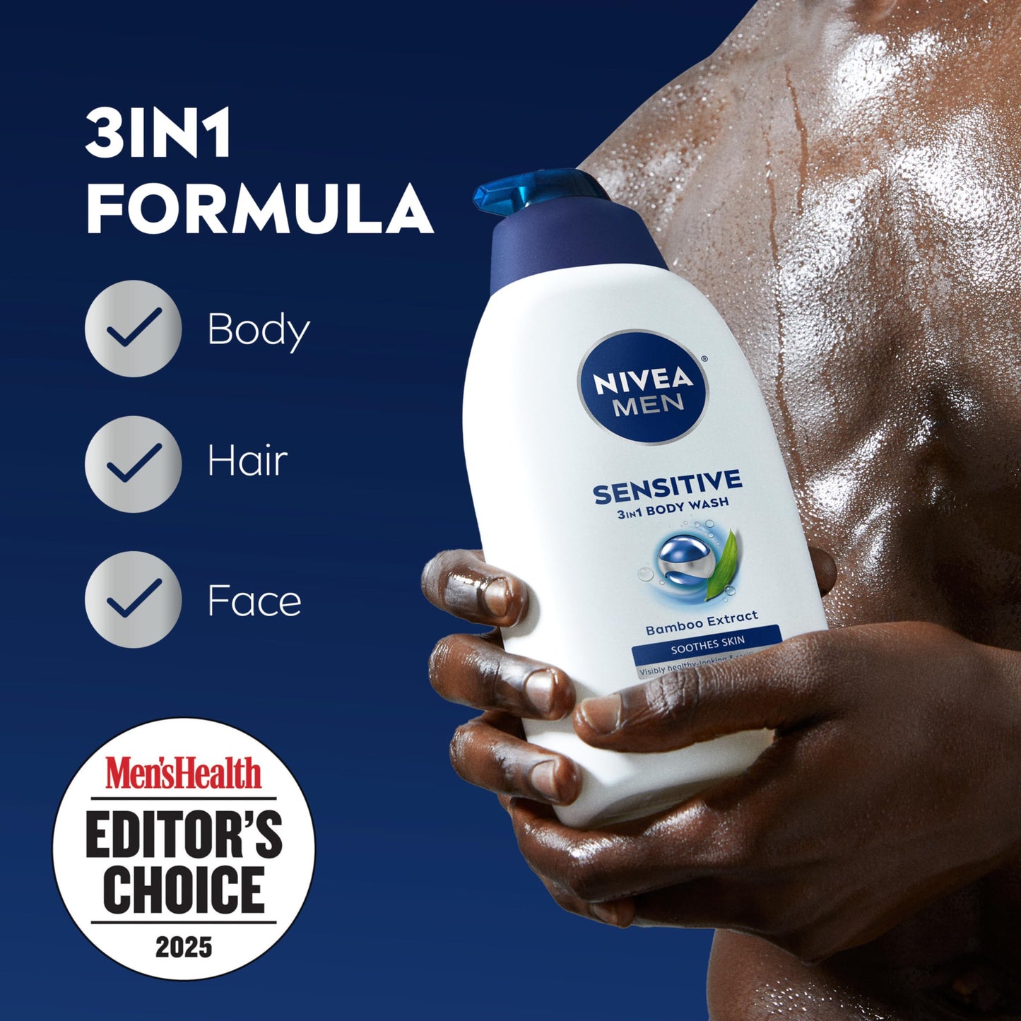 NIVEA MEN Sensitive Body Wash with Bamboo Extract, Moisturizing Body Wash for Sensitive Skin, Soap Free Shower Gel for Men with No Drying Alcohol, 30