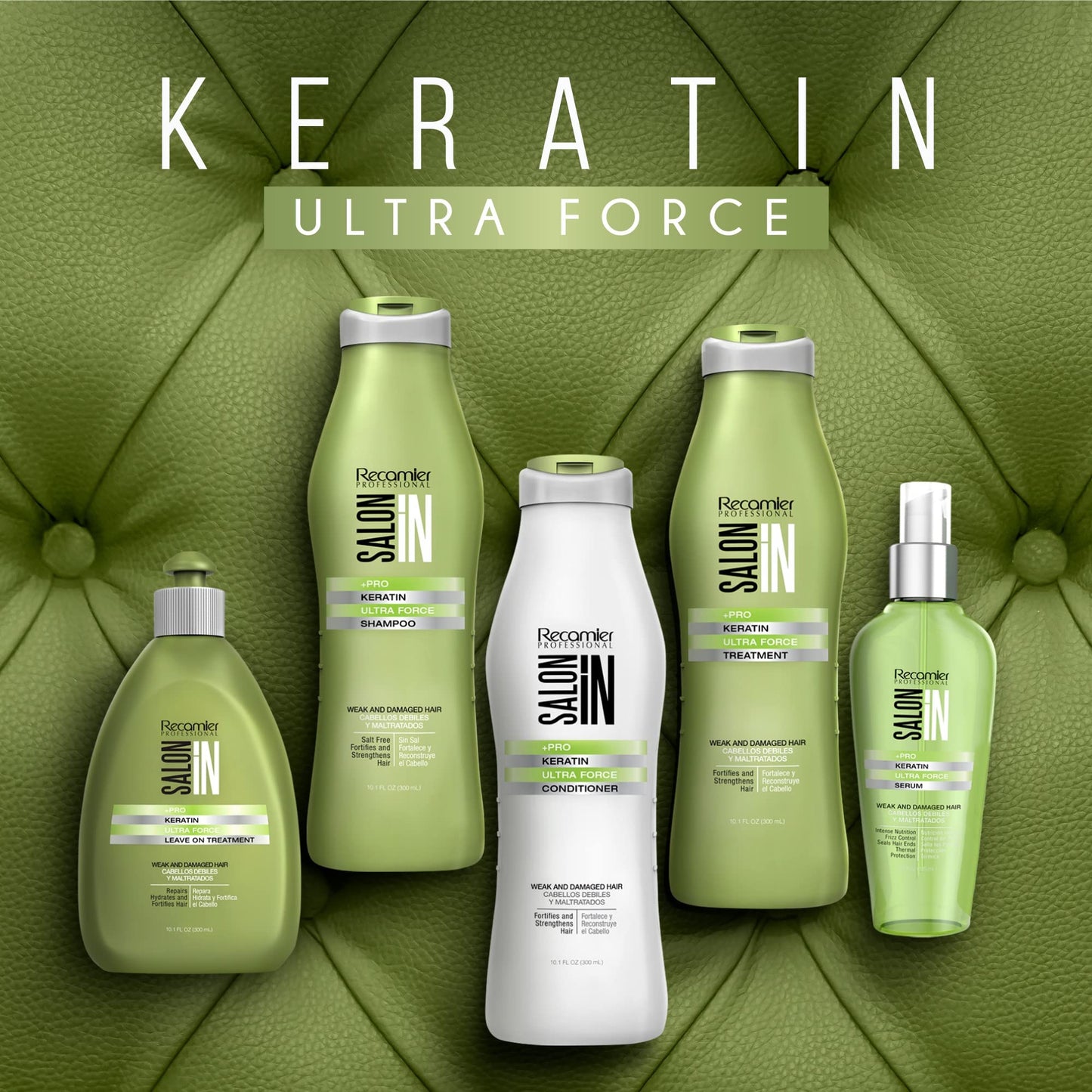 Salon In by Recamier | Keratin Ultra Force Set - Hair Shampoo, Conditioner and Treatment | Repair & Strength | 10.1 fl oz / 300 ml