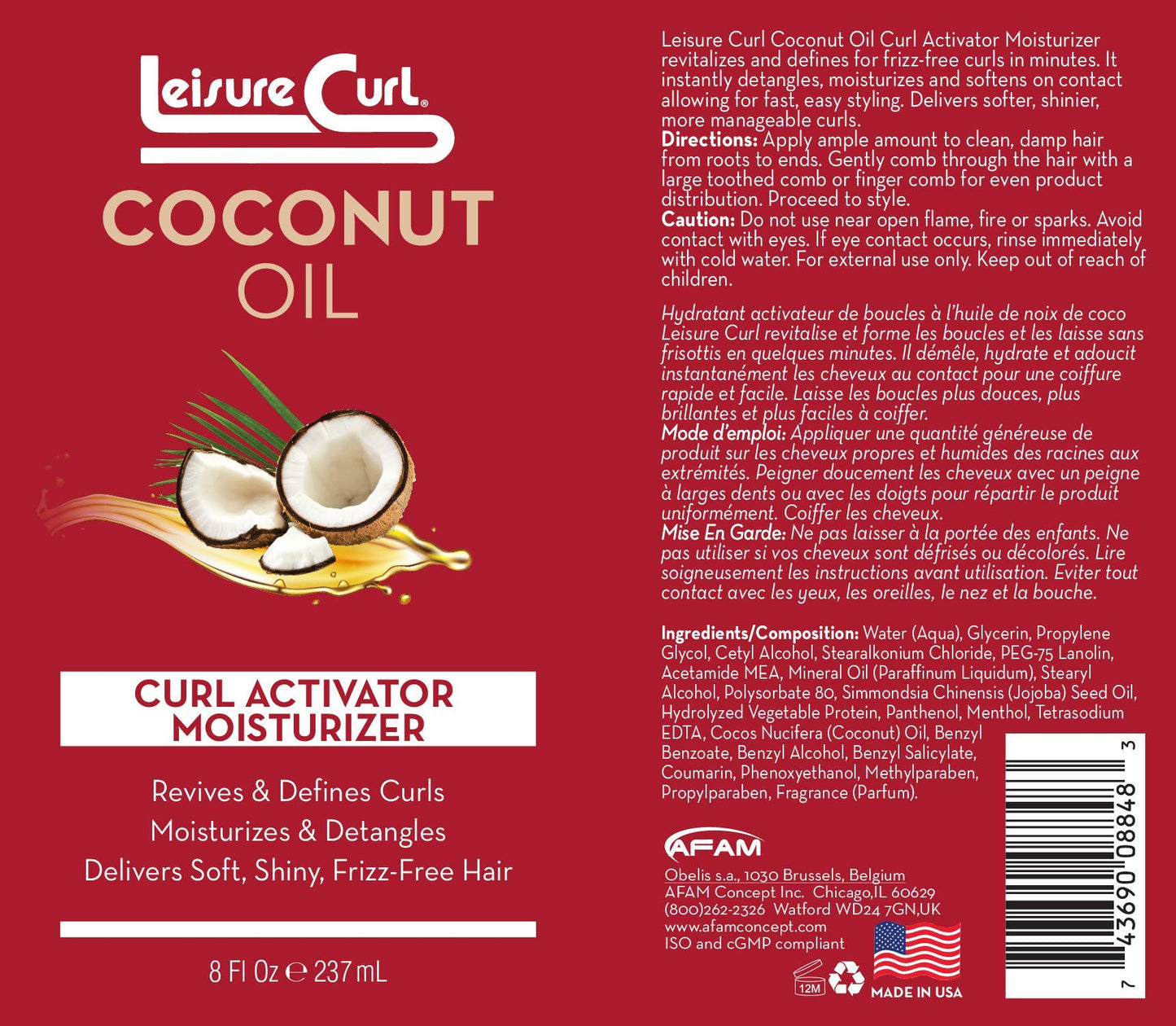 Leisure Curl Coconut Oil Curl Activator Moisturizer, 8 oz | Revives, Defines Curls, Moisturizes, Detangles, Delivers Soft Shiny Frizz-Free Hair