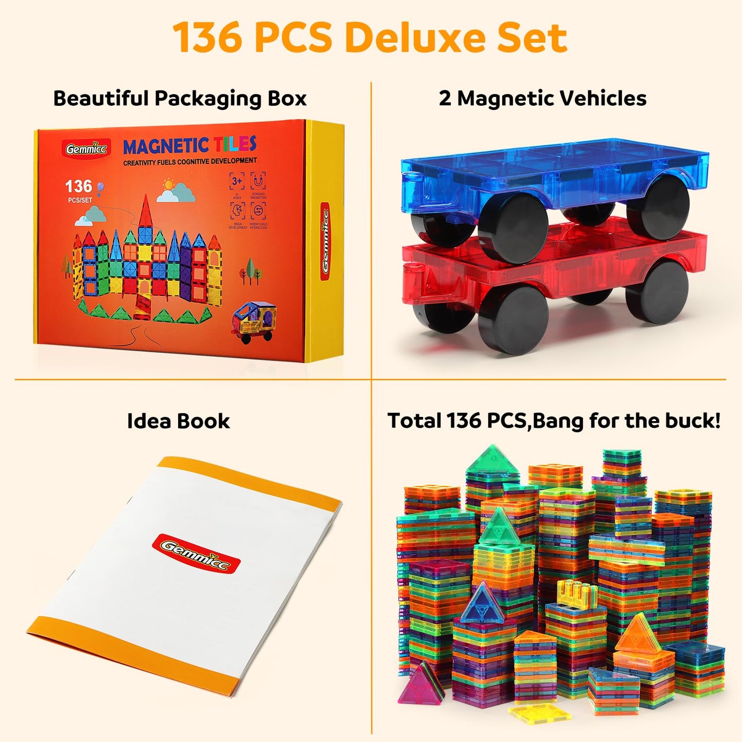 Gemmicc Magnetic Tiles 136pcs Deluxe Set – 3D Magnet Building Blocks & Stacking Puzzles with 2 Cars for Kids Boys & Girls