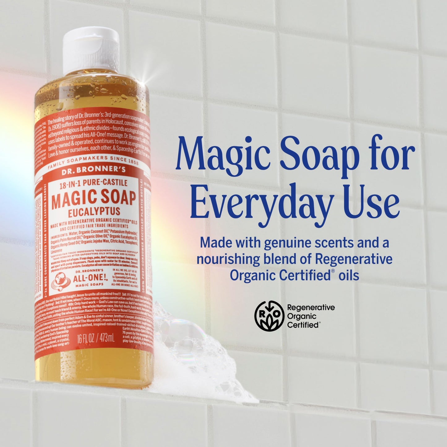 Dr. Bronner's Pure-Castile Magic Soap Liquid (Eucalyptus, 32 Ounce) - Made with Regenerative Organic Certified Oils, 18-in-1 Uses: Face, Body, Hair