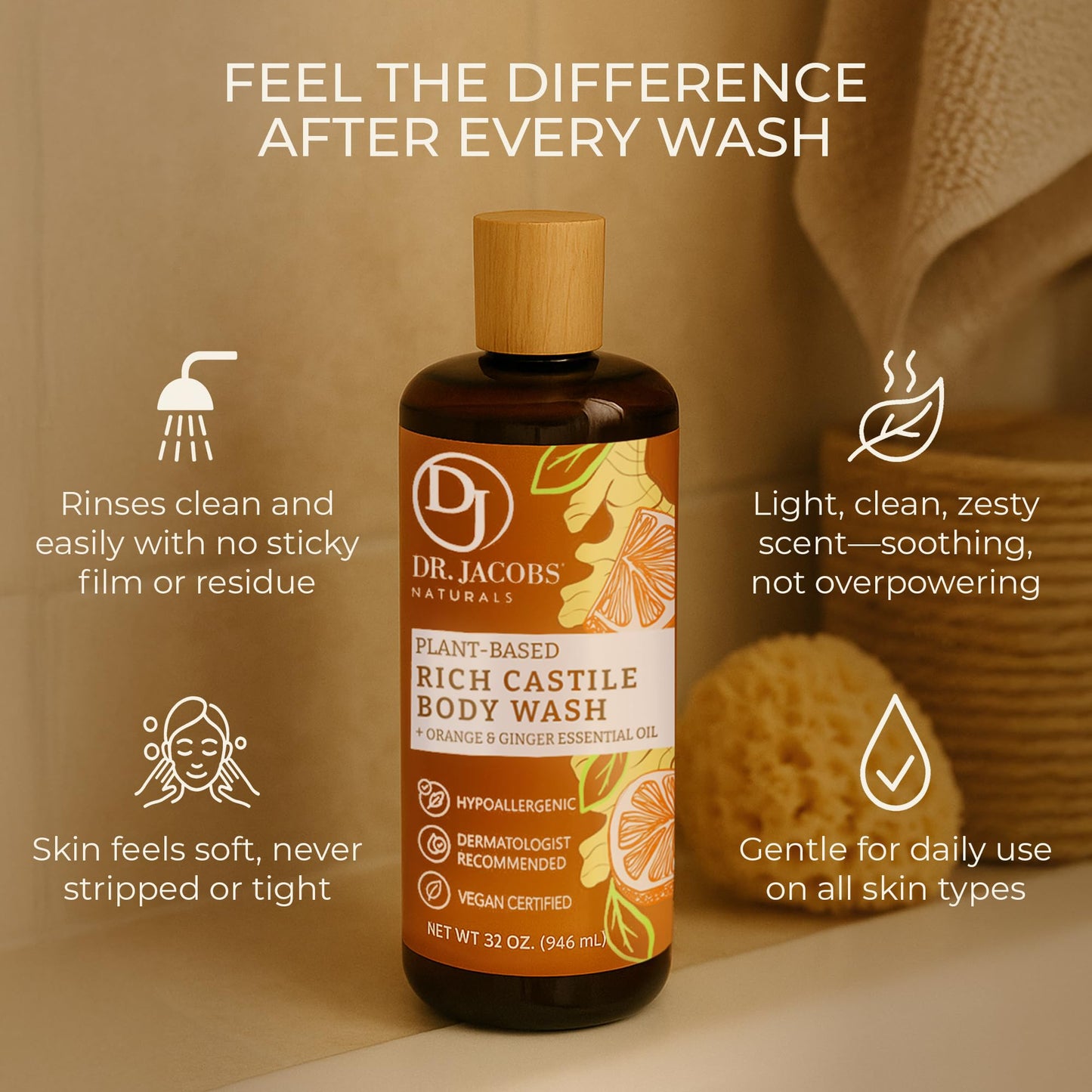 Dr. Jacobs Naturals Pure Castile Soap Liquid Body Wash, Orange & Ginger - Plant Based Soap Infused with Vitamin E & Aloe Vera to Moisturize Dry