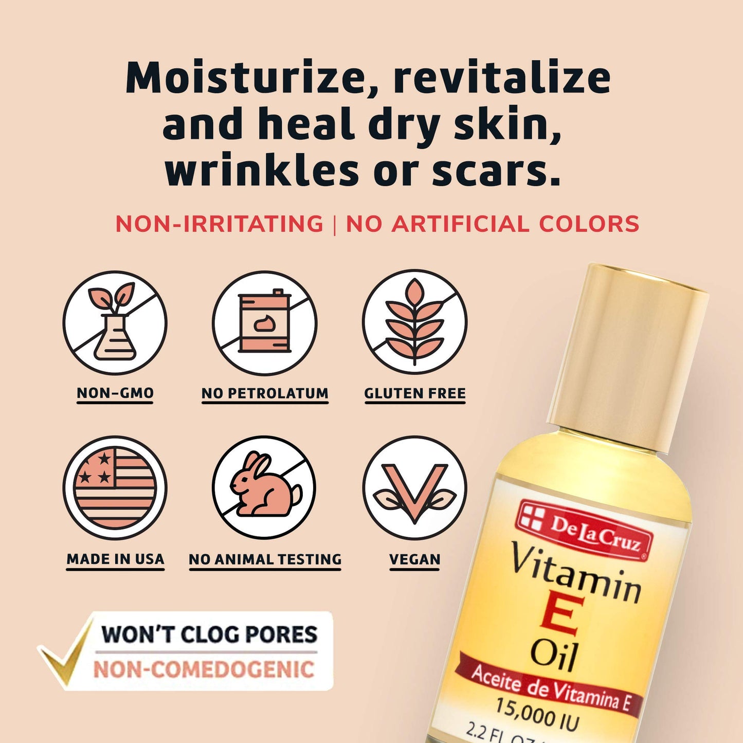De La Cruz Vitamin E Oil for Skin, Hair, Face, Body and Nails, Vitamina E para la Piel, 15000 IU, 2.2 FL. OZ
