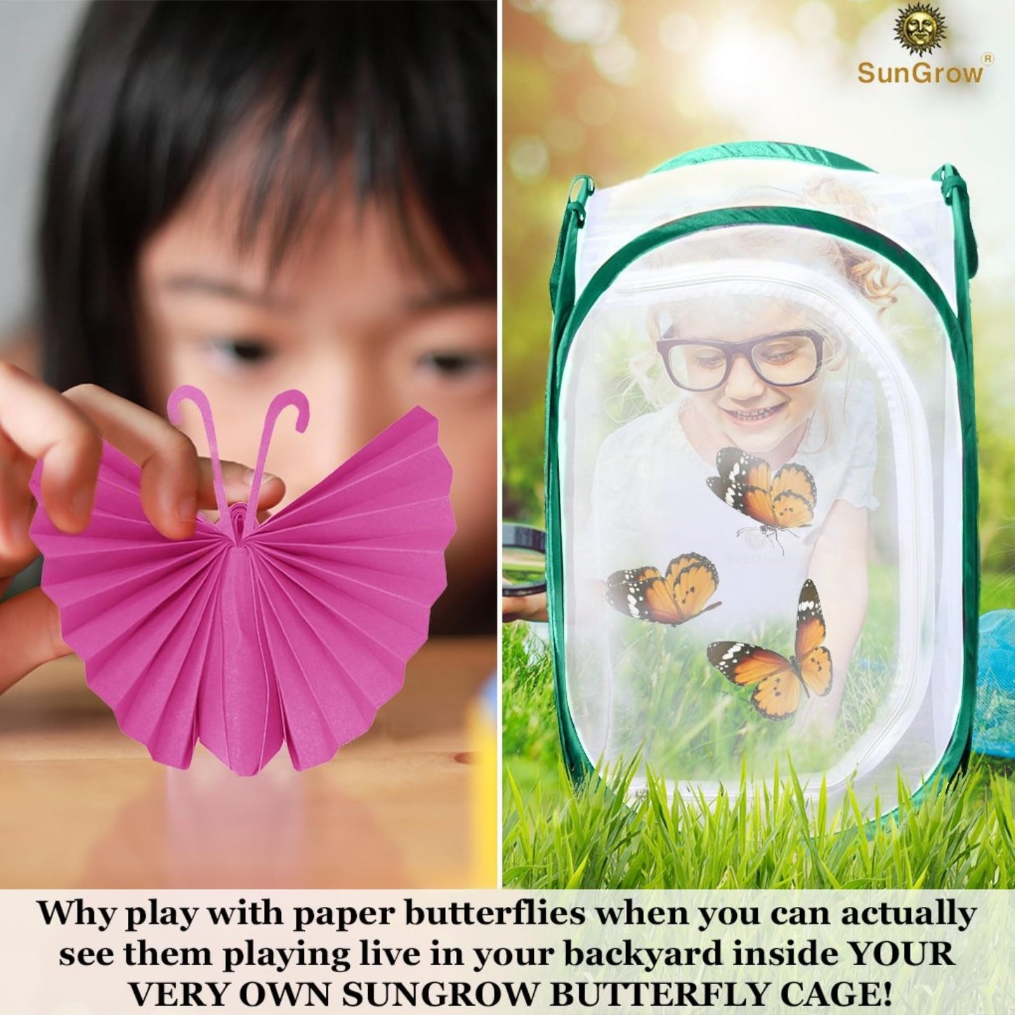SunGrow Foldable Butterfly Habitat – 24" Cage for Caterpillars, Butterfly Farm & Insect Enclosure for Breeding Ladybugs, Dragonflies & More, Green