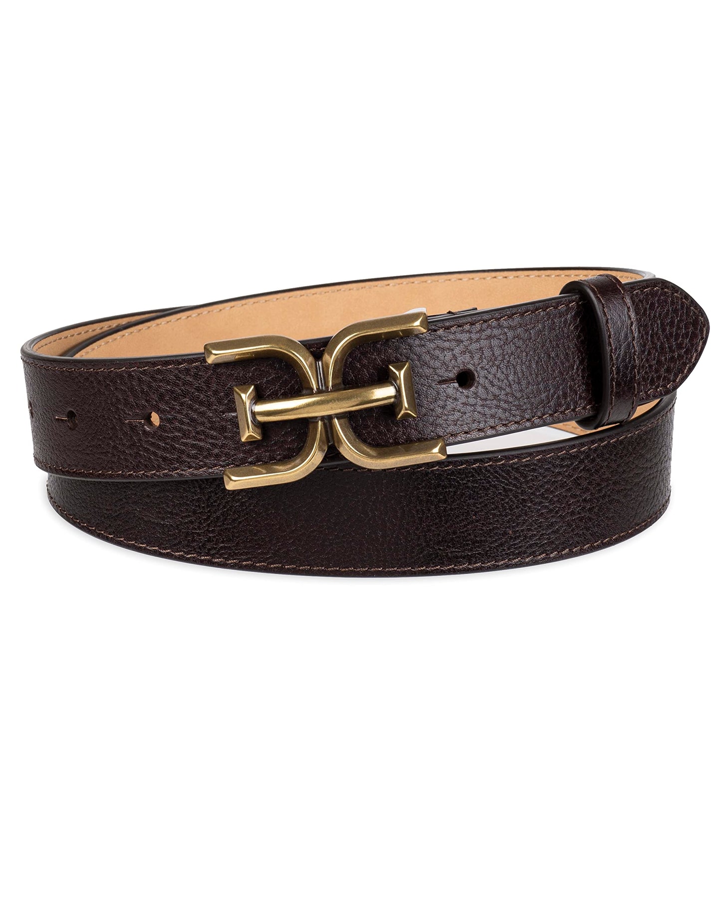 Sam Edelman Women's Slim Stitched Edge Double-E Plaque Buckle Belt, Brown, Large