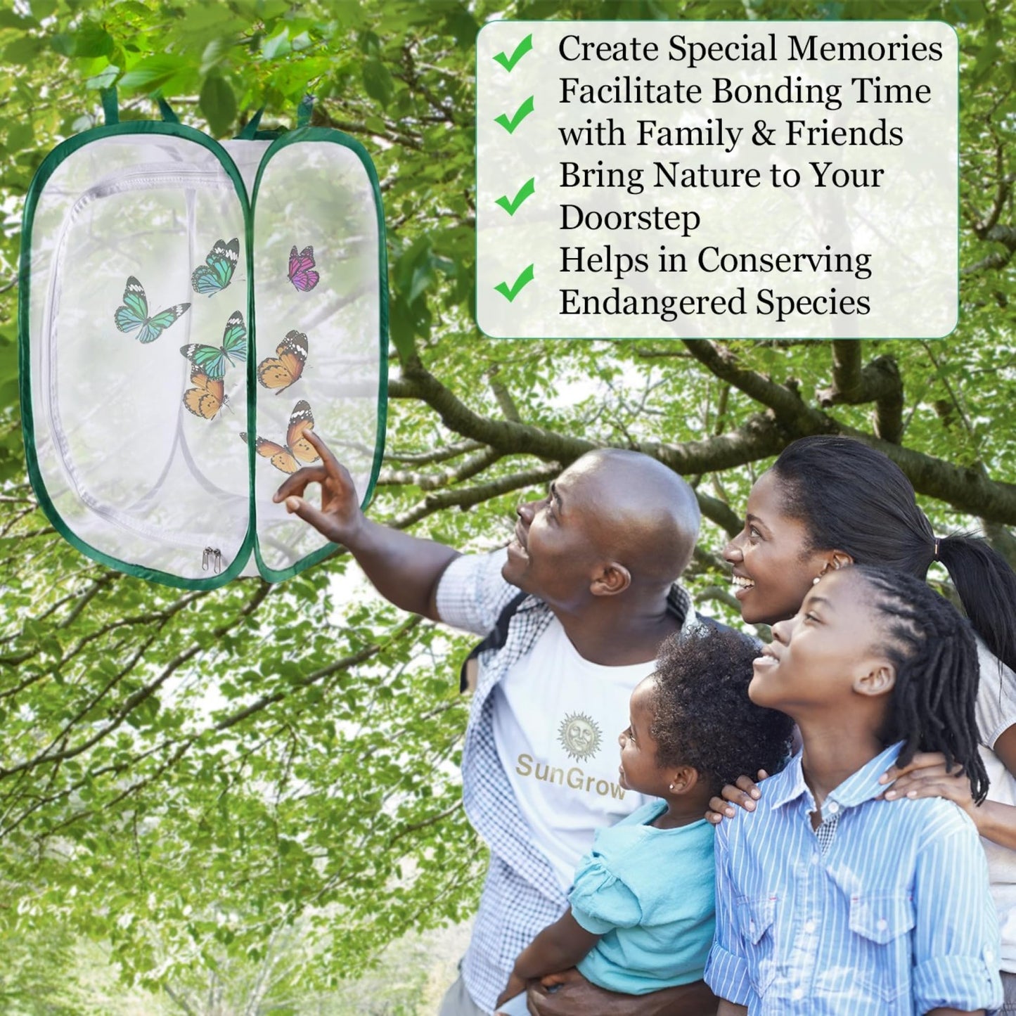 SunGrow Foldable Butterfly Habitat – 24" Cage for Caterpillars, Butterfly Farm & Insect Enclosure for Breeding Ladybugs, Dragonflies & More, Green