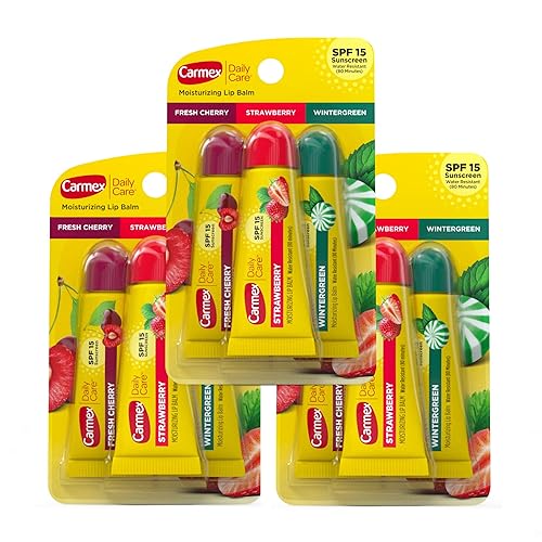 Carmex Daily Care Moisturizing Lip Balm Tubes with SPF, Fresh Cherry, Strawberry and Wintergreen Lip Balm Pack, 0.35 OZ - (3 Packs of 3)