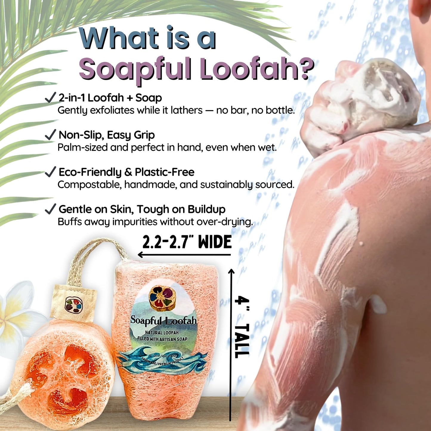 Soap Bar Loofah| Natural Loofah Sponge | Loofah Exfoliating Body Scrubber | 9-12 0z of Plumeria Scented Artisanal Handmade Natural loofah soap in a