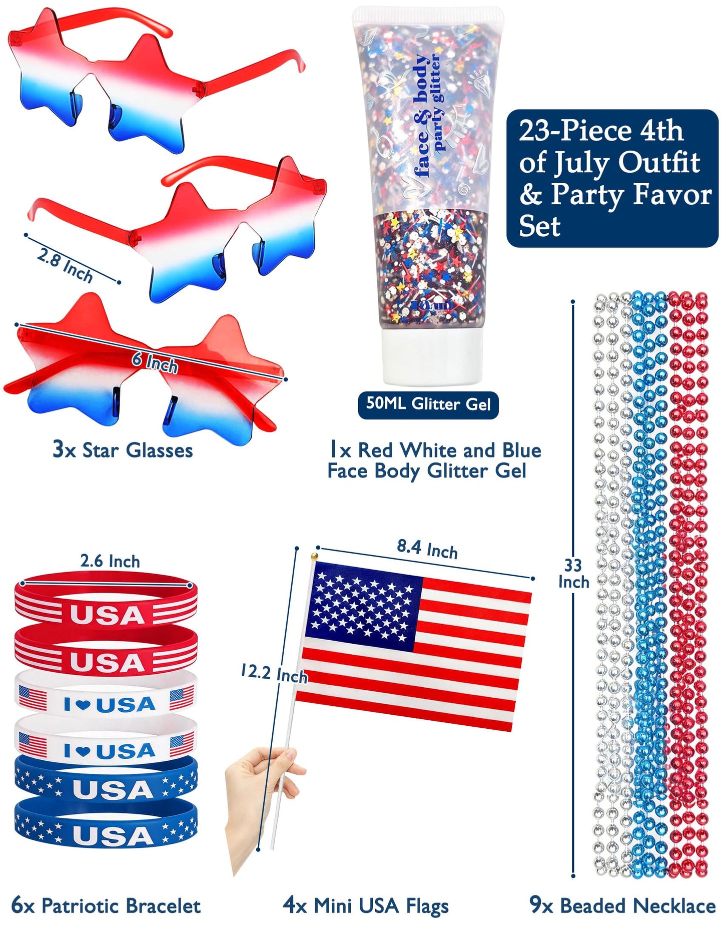 4th of July Outfits for Women, Red White and Blue Face Body Glitter Gel, 9Pcs Necklaces, 6Pcs Silicone Bracelets, 4 Mini USA Flags, 3 Pairs Star