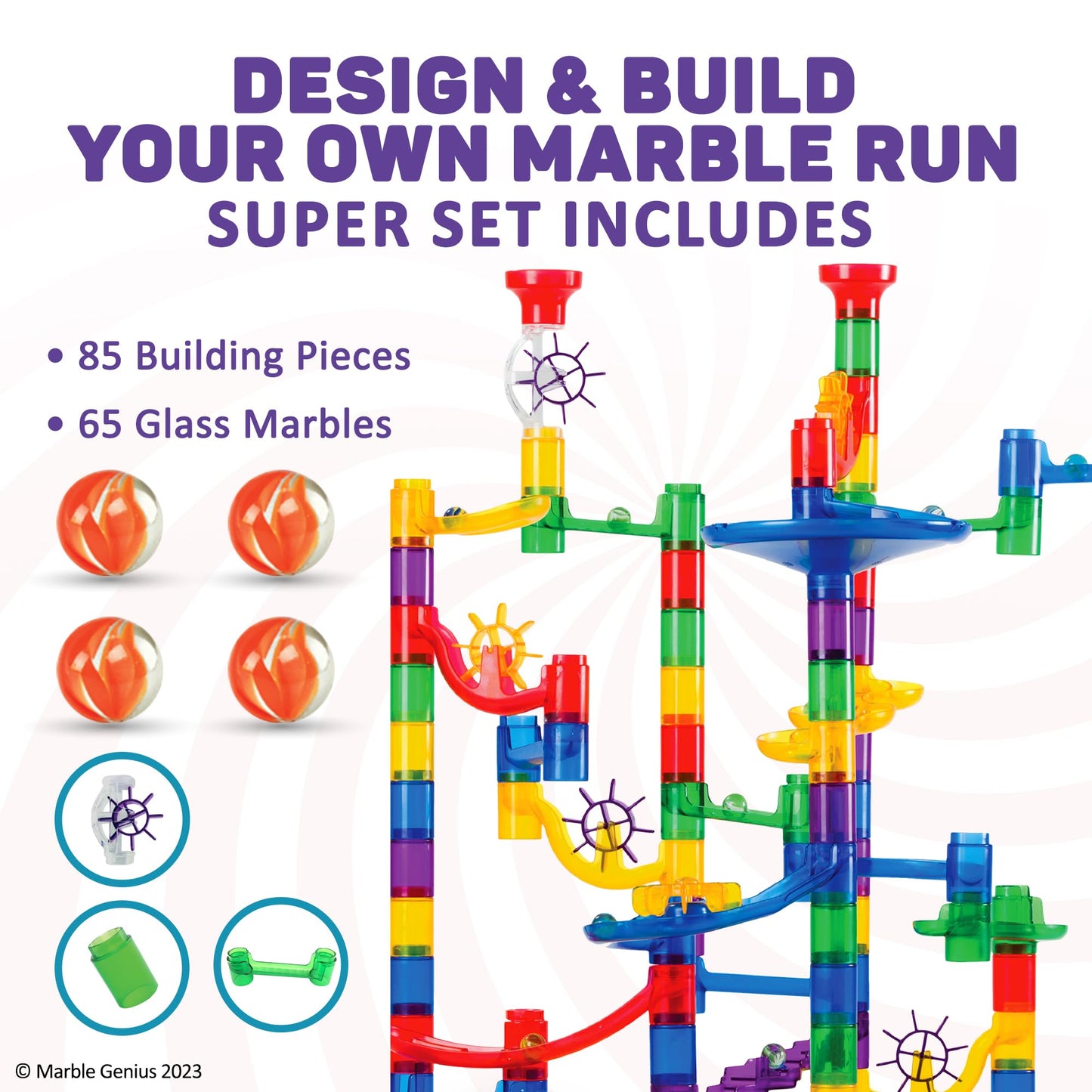 Marble Genius Marble Run 150pcs – Maze Track Building Toy with 65 Glass Marbles & 85 Translucent Pieces for Kids Ages 4-8, Teens & Adults