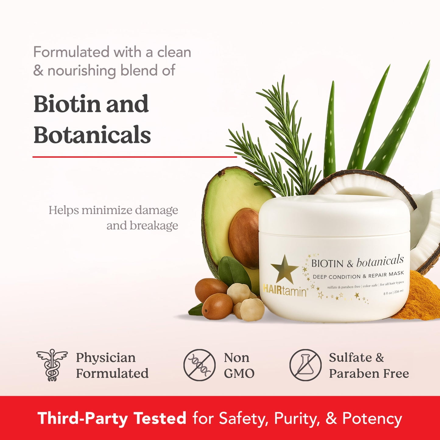 HAIRtamin Hair Conditioner - Biotin & Botanicals Deep Conditioning Mask for Dry, Damaged, Bleached Hair Repair, Moisturizing Hair Treatment for Curly