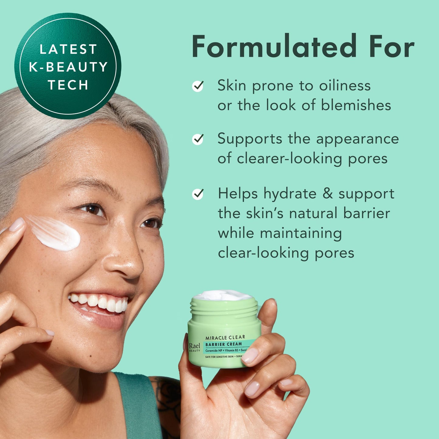 Rael Face Moisturizer, Miracle Clear Barrier Cream - Lightweight Moisturizer with Succinic Acid and Vitamin B5, Hydration, Korean Skin Care (1.8 oz)