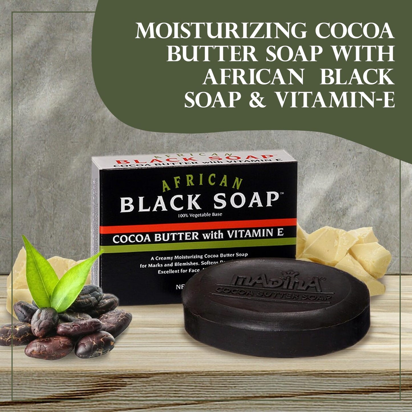 Madina African Black Soap Bar - Cocoa Butter, Vitamin E, Moisturizing, Skin-Restoring, Marks & Blemishes, Face & Body Cleanser, 100% Vegetable-Based