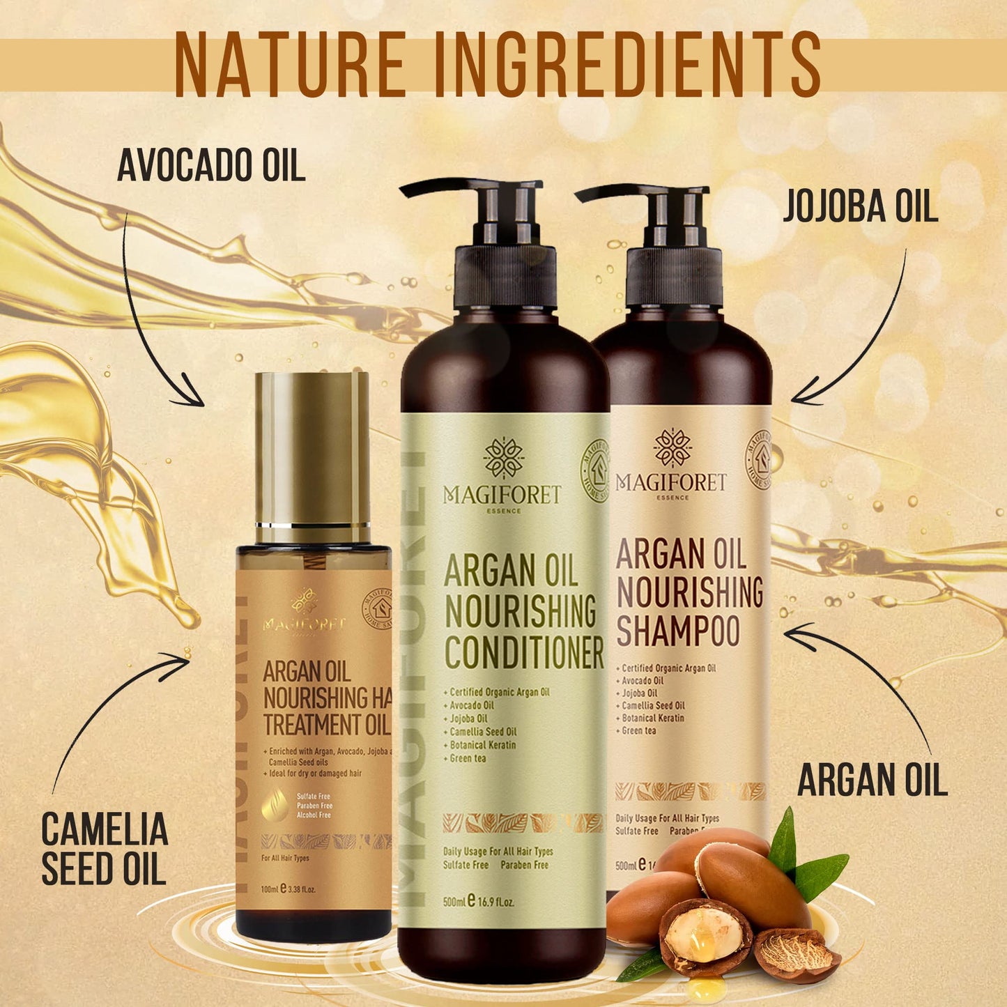 MagiForet Argan Oil Nourishing Daily Care Set, Shampoo 500ml + Conditioner 500ml + Hair Serum 100ml, Sulfate Free Paraben Free, Soft & Smooth, Gentle