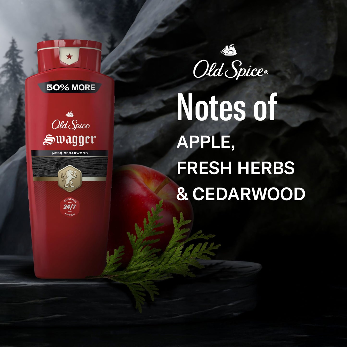 Old Spice Refreshing Body Wash for Men, 3X Defense, 24/7 Shower Fresh with Long Lasting Scent, Red Collection, Swagger with Cedarwood Scent, 24 oz