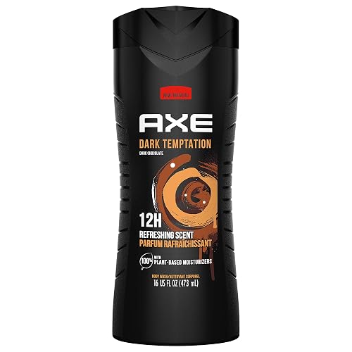 AXE Body Wash 12h Refreshing Scent Dark Temptation Dark Chocolate Men's Body Wash with 100 percent Plant-Based Moisturizers 16 oz