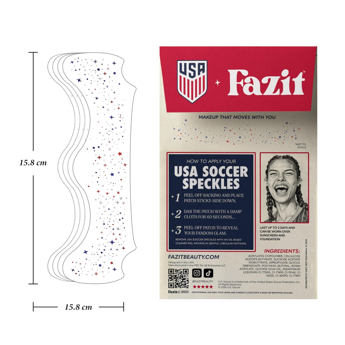 Fazit US Soccer Speckles - Red, Blue & Silver Glitter Makeup Patches - Waterproof & Sweat-proof Face Stickers - Long-Lasting Game Day Glam, USA Spirit
