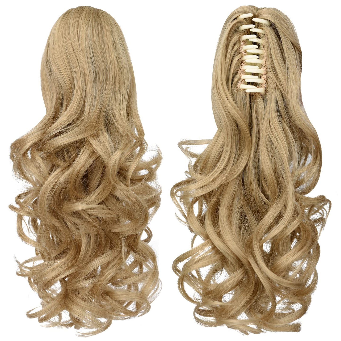 SYXLCYGG Blonde Clip Ponytail Extension – 14" Wavy Claw Clip, 4.3oz Synthetic Yaki, Realistic Fluffy Fake Hairpiece for Women