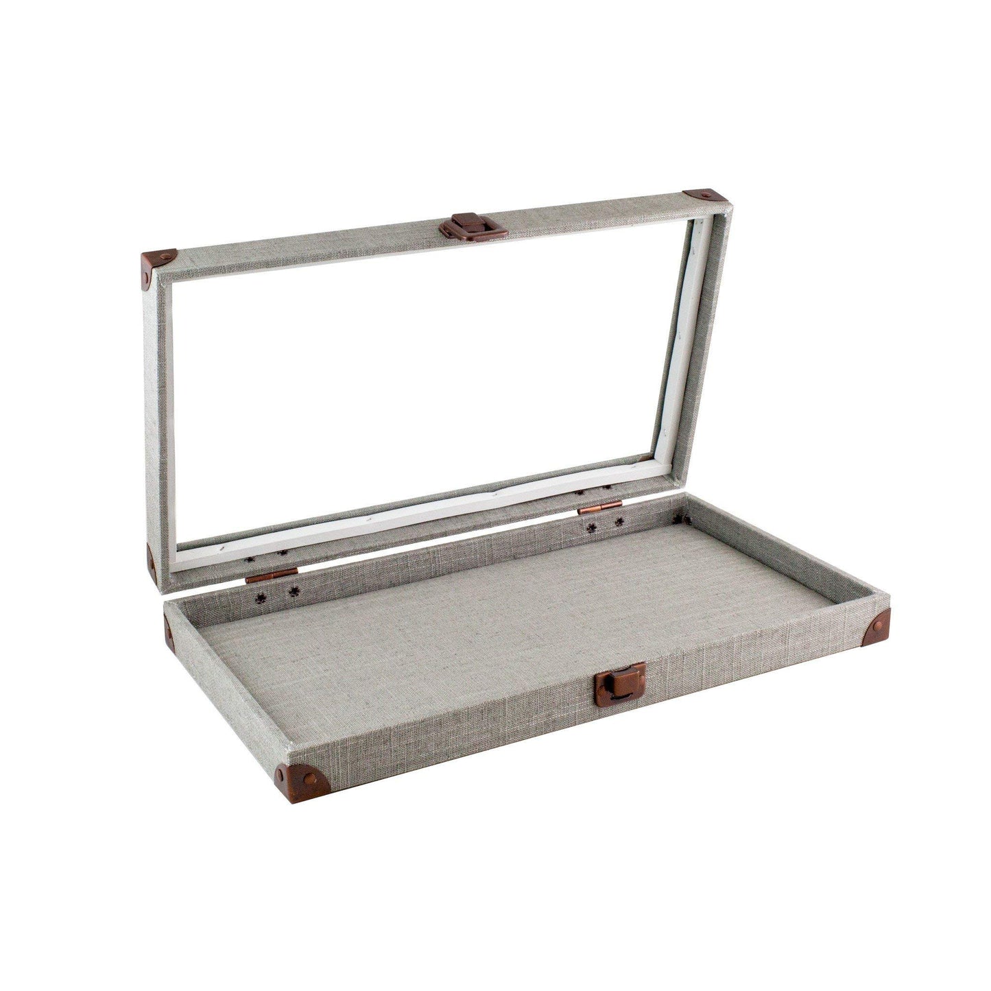 888 Display USA - Grey Linen Covered Jewelry Case with Glass Top and latch