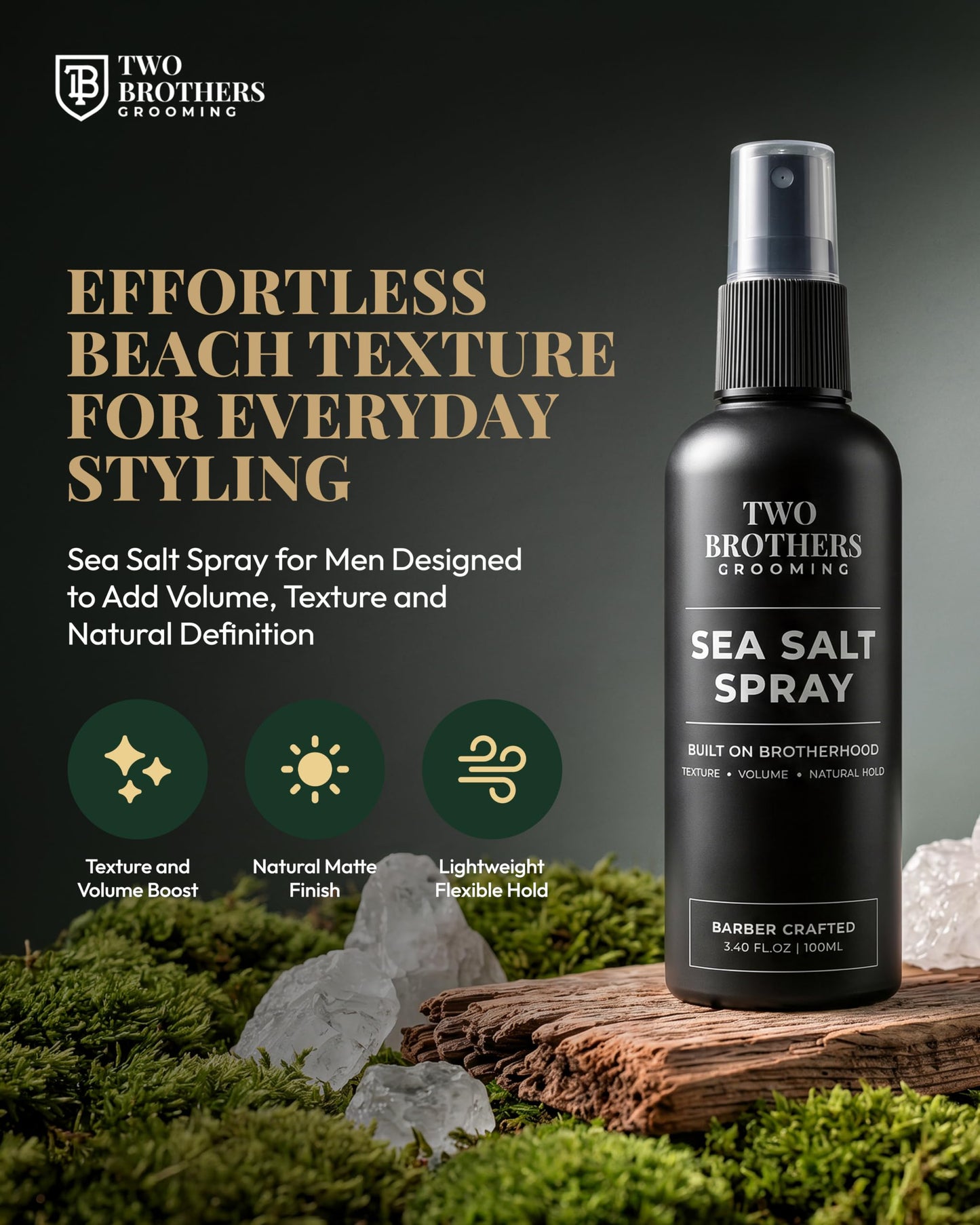 Two Brothers Grooming Sea Salt Spray for Men Hair Texturizing Spray, Volume & Thickness Boost, Matte Finish, Lightweight Natural Hold, Beach Wave Hair