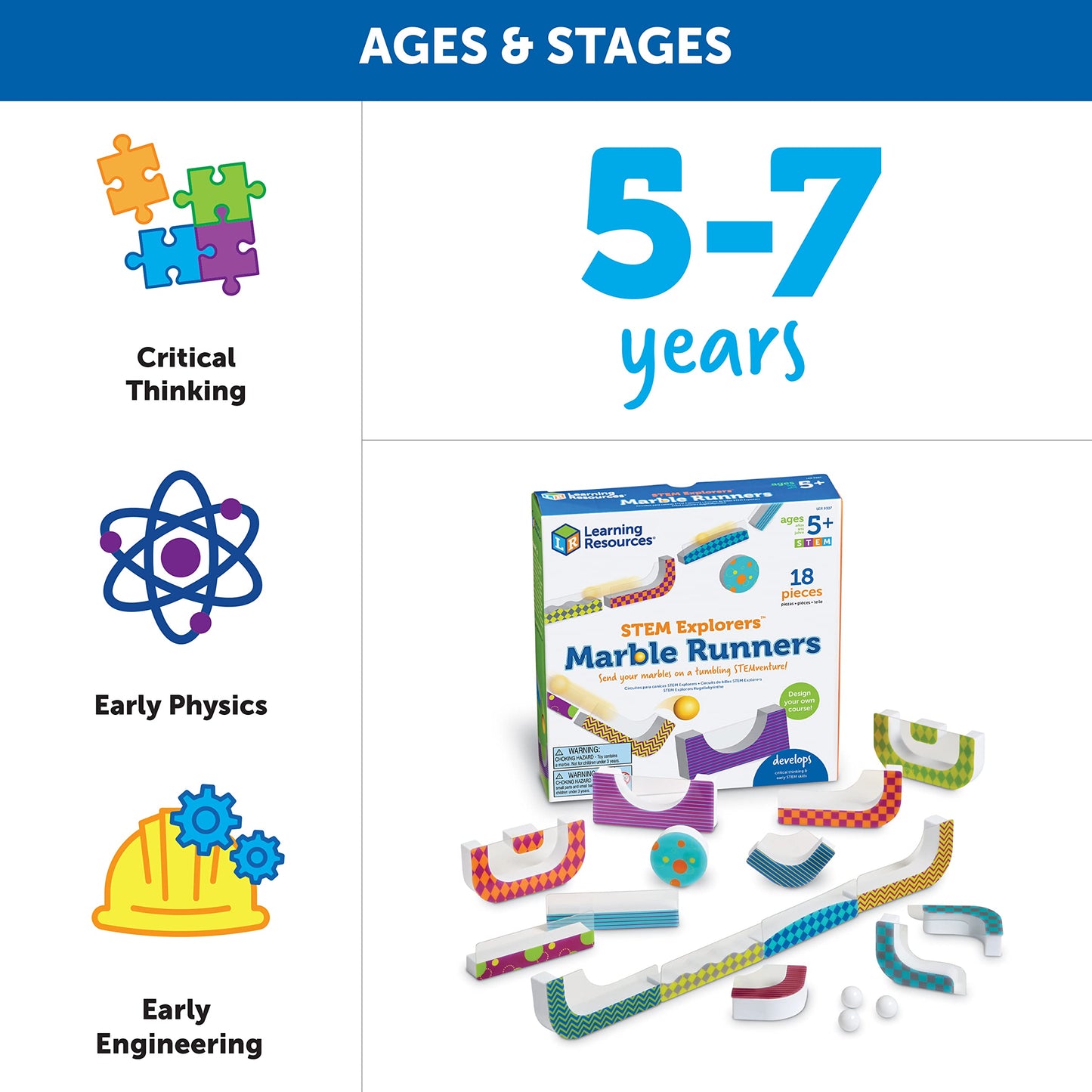 Learning Resources STEM Explorers Marble Runners 18pcs – STEM Brain Teaser Toy & Activity Set for Kids Ages 5+, Kindergarten Games