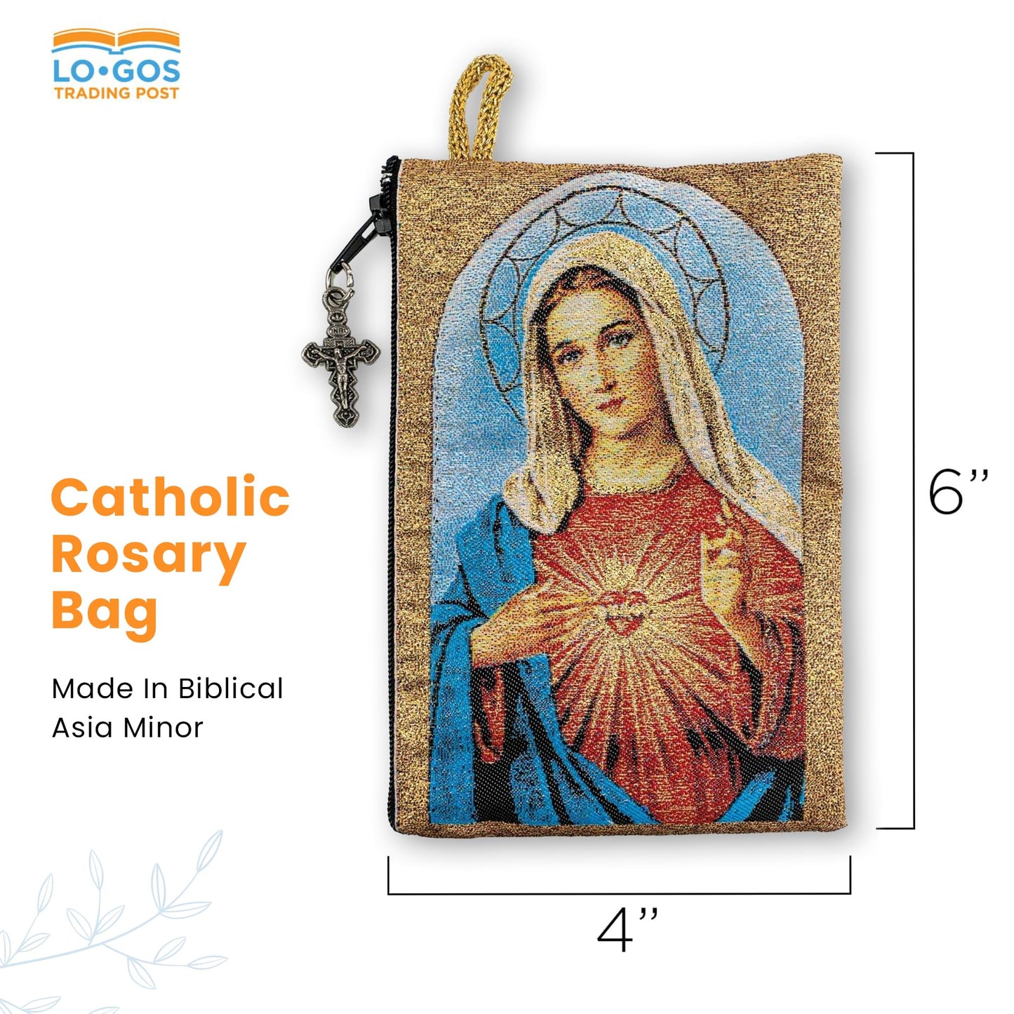 catholic rosary pouch, immaculate heart of mary & sacred jesus, 4" x 6" jewelry coin purse with cross, small woven tapestry icon bag, bolsa de…