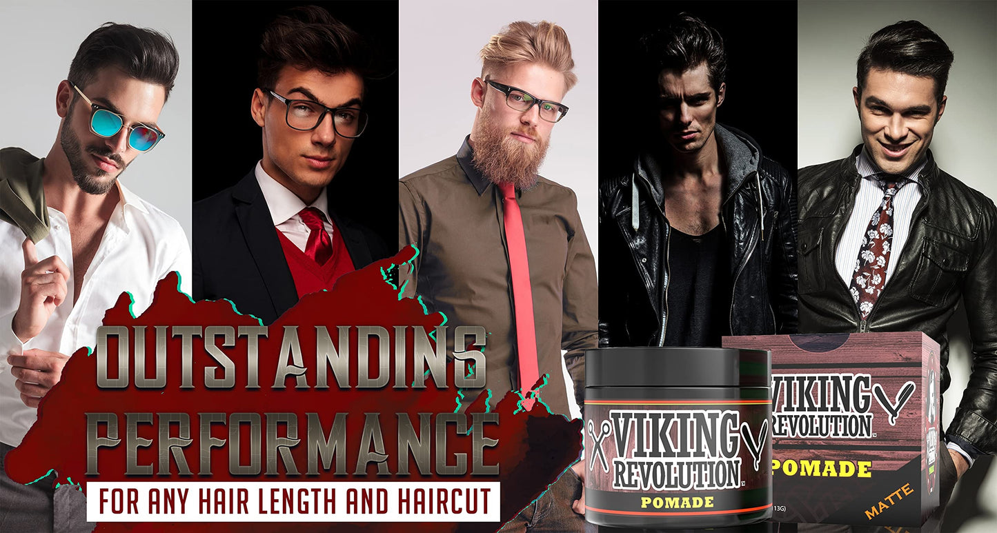 Viking Revolution Hair Pomade for Men (New Formula) - Medium Hold and Matte Shine Free for Classic Look 4oz - Water Based & Easy to Wash Out