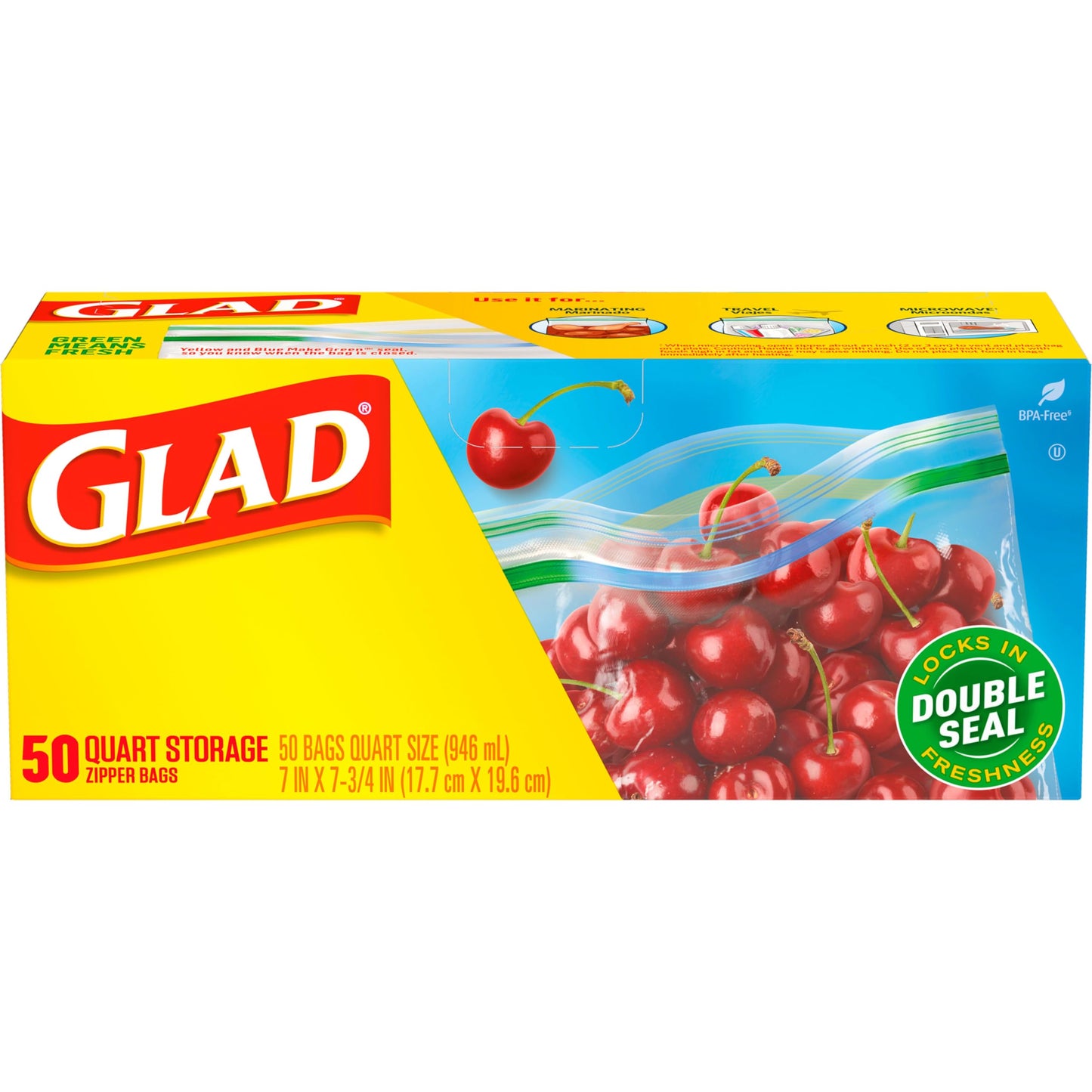 Glad Zipper Food Storage Plastic Bags, Quart, 50 Count (Package May Vary)