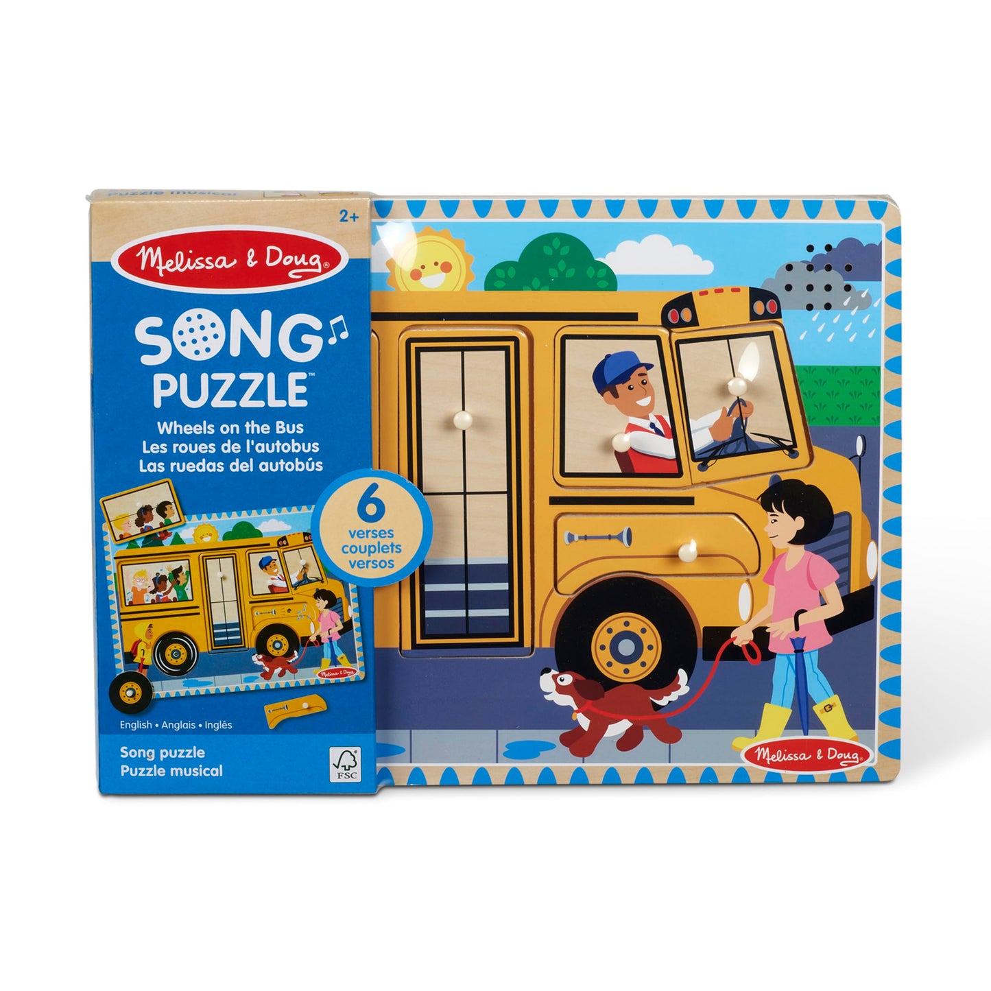 Melissa & Doug Wheels on the Bus Puzzle – 8-Piece Wooden Peg Puzzle with Light-Activated Sounds, Musical Learning Toy for Toddlers 2+