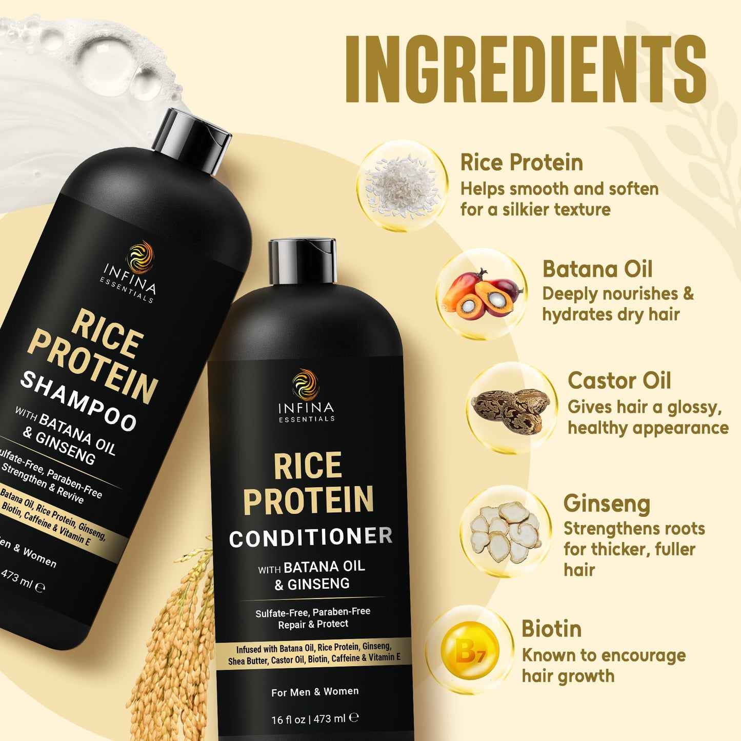 INFINA ESSENTIALS Rice Water Shampoo and Conditioner Set | 16 fl oz Each | with Batana Oil & Ginseng | Rice Shampoo for Repairing Damaged Hair |