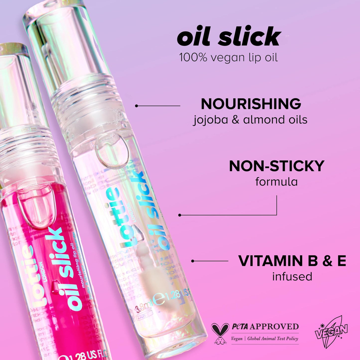 Lottie London Oil Slick in Extra Cherries, Nourishing & Hydrating Lip Oil Infused with Vitamin E, Vitamin B, Almond Oil and Jojoba Oil, Beauty and Personal Care Lottie London