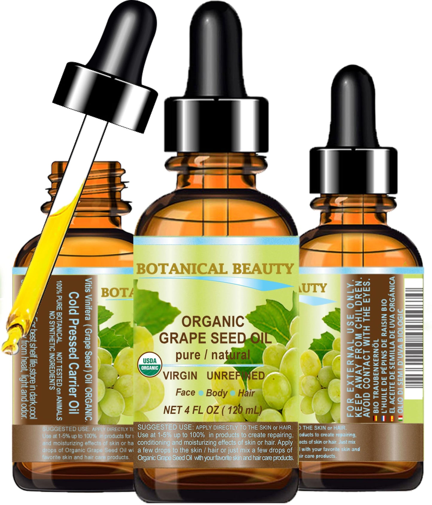 Botanical Beauty Organic GRAPE SEED OIL 100% Pure Natural VIRGIN UNREFINED Cold-Pressed Carrier Oil for Face, Skin, Body, Hair, Lip, Nails, Massage