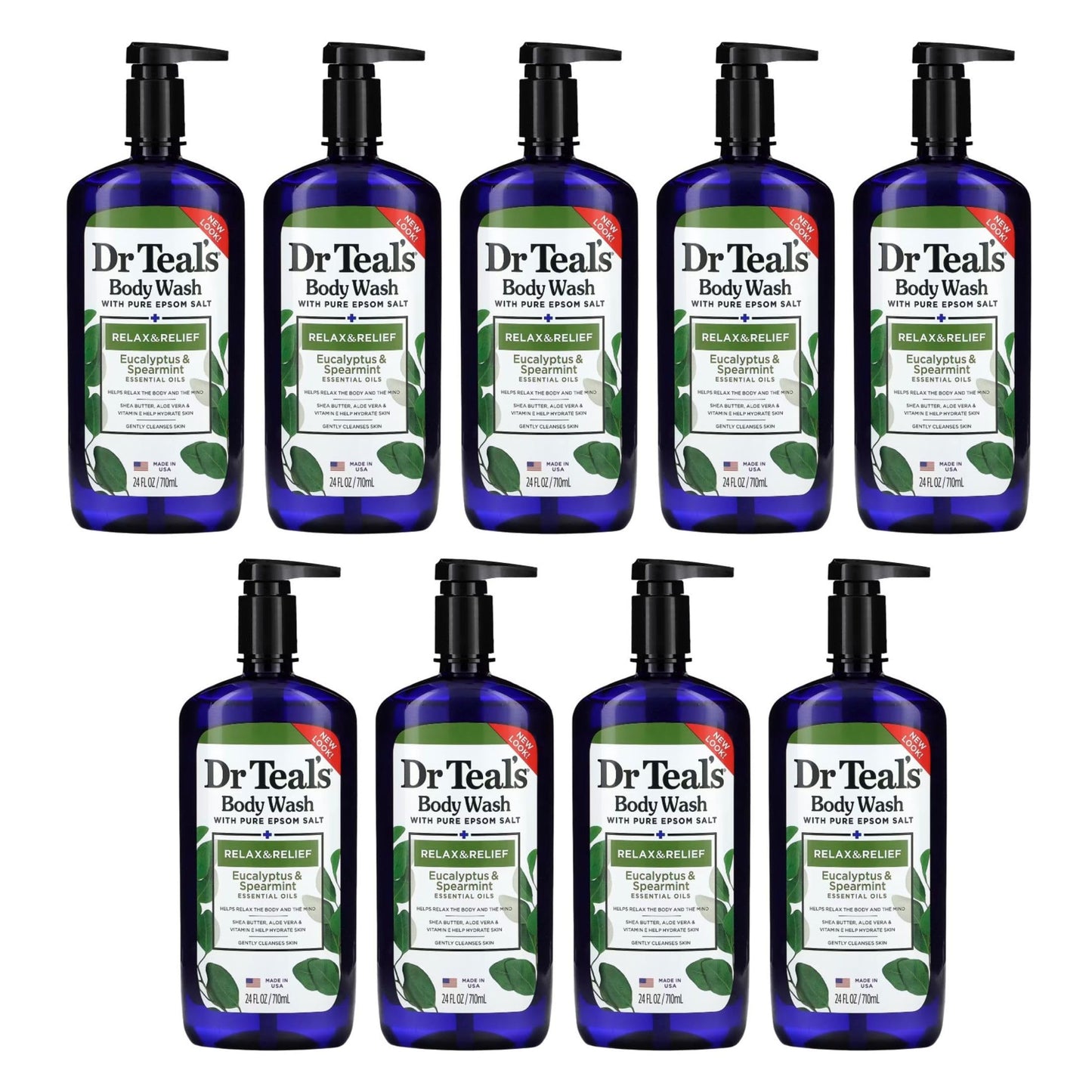 Dr Teal's Body Wash, Relax & Relief with Eucalyptus & Spearmint 24 oz (Pack of 9)