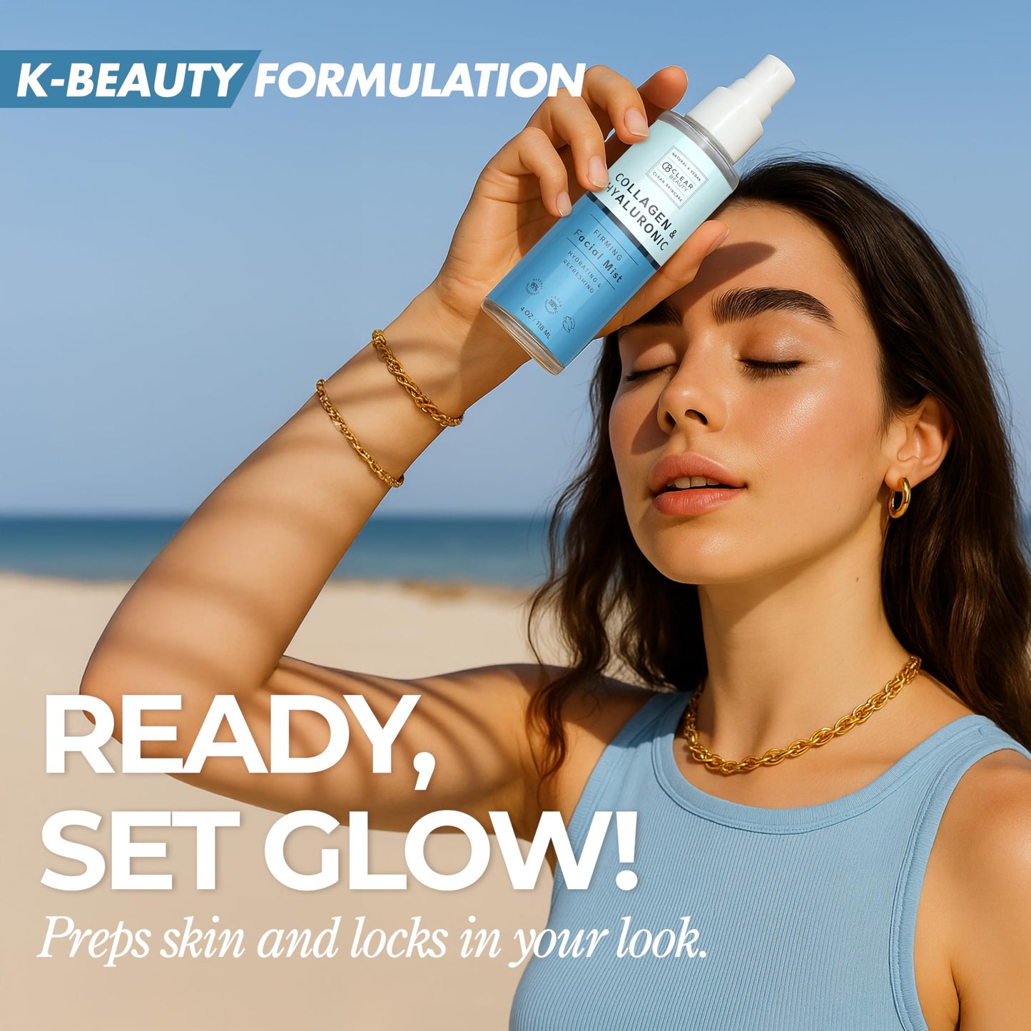 Clear Beauty Hyaluronic Acid & Collagen Face Mist - Dermatologist Tested, Moisturizes & Tones Skin, Anti-Aging, Natural Ingredients, Cruelty-Free, 95%